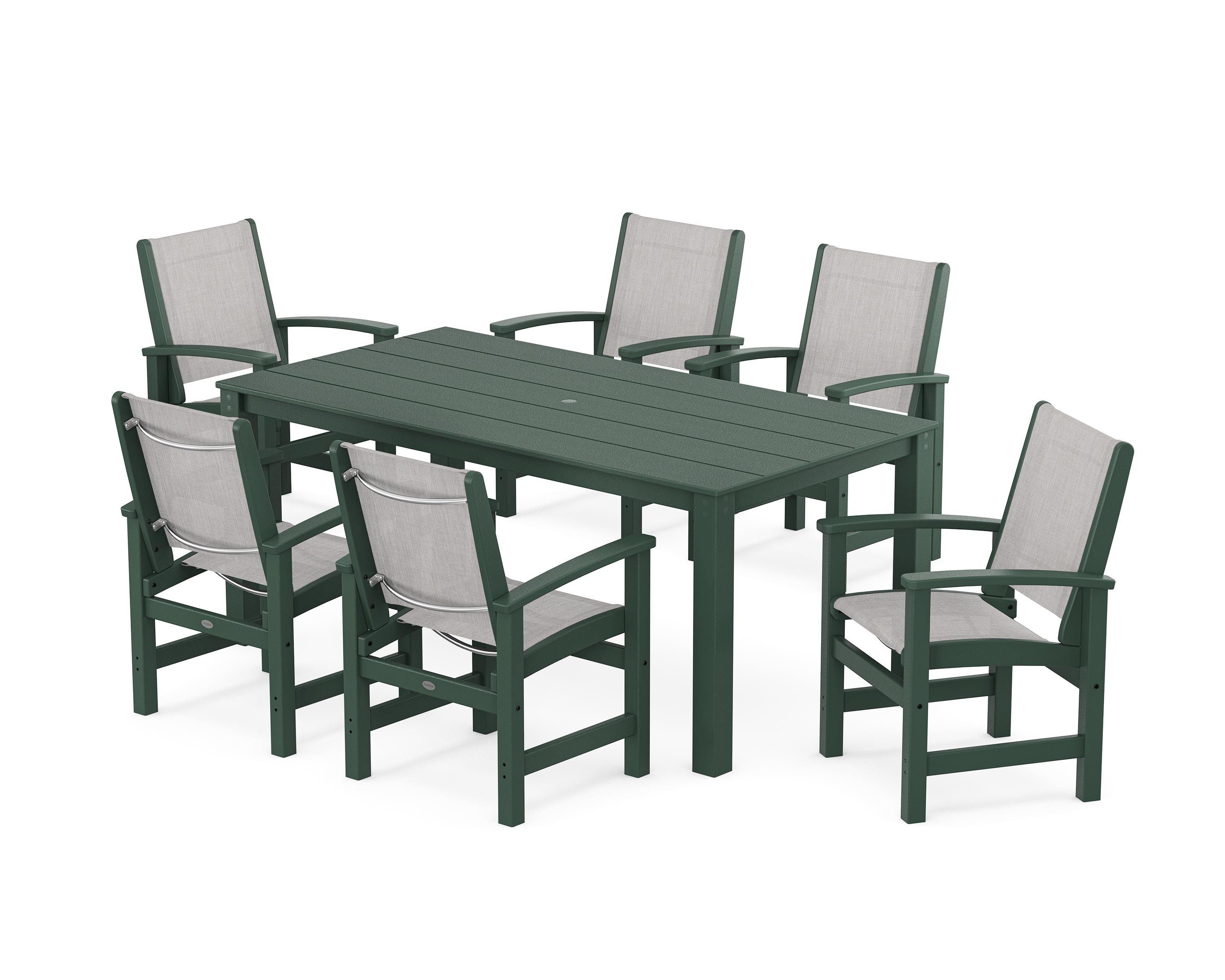 POLYWOOD Coastal 7-Piece Parsons Dining Set in Green / Parchment Sling