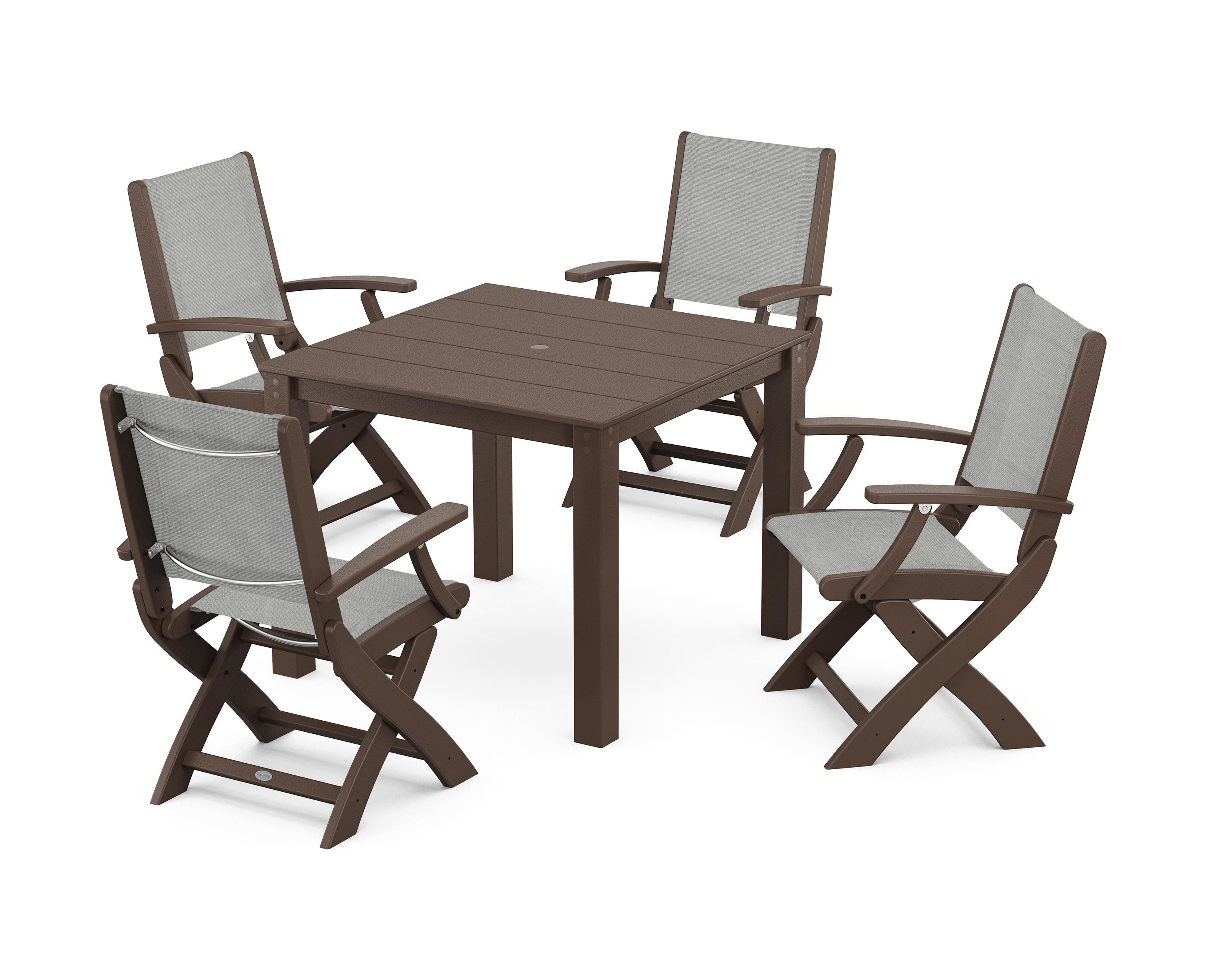 POLYWOOD Coastal Folding Chair 5-Piece Parsons Dining Set in Mahogany / Metallic Sling