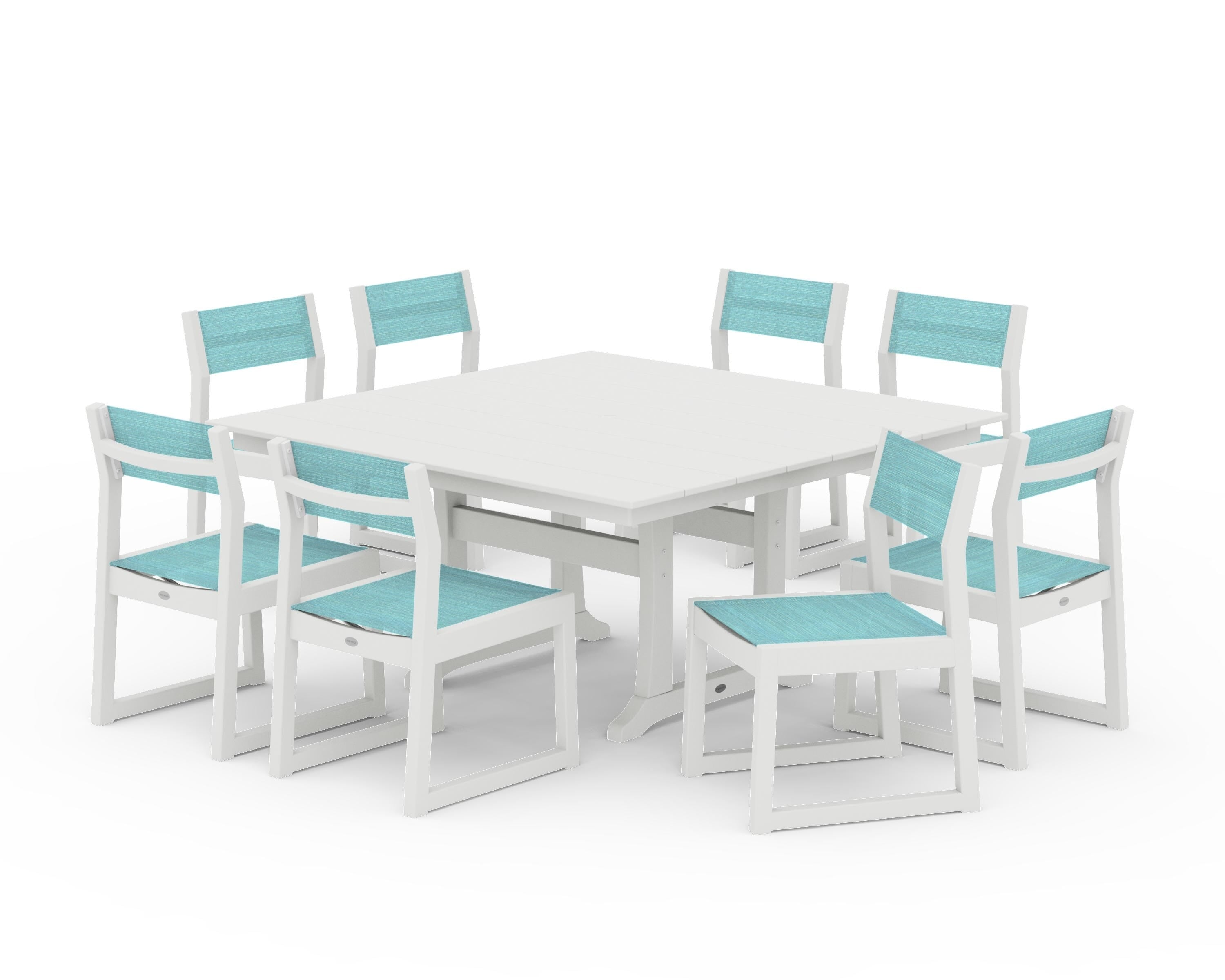 POLYWOOD EDGE Sling Side Chair 9-Piece Farmhouse Trestle Dining Set in Vintage White / Dupioni Aquamarine Sling