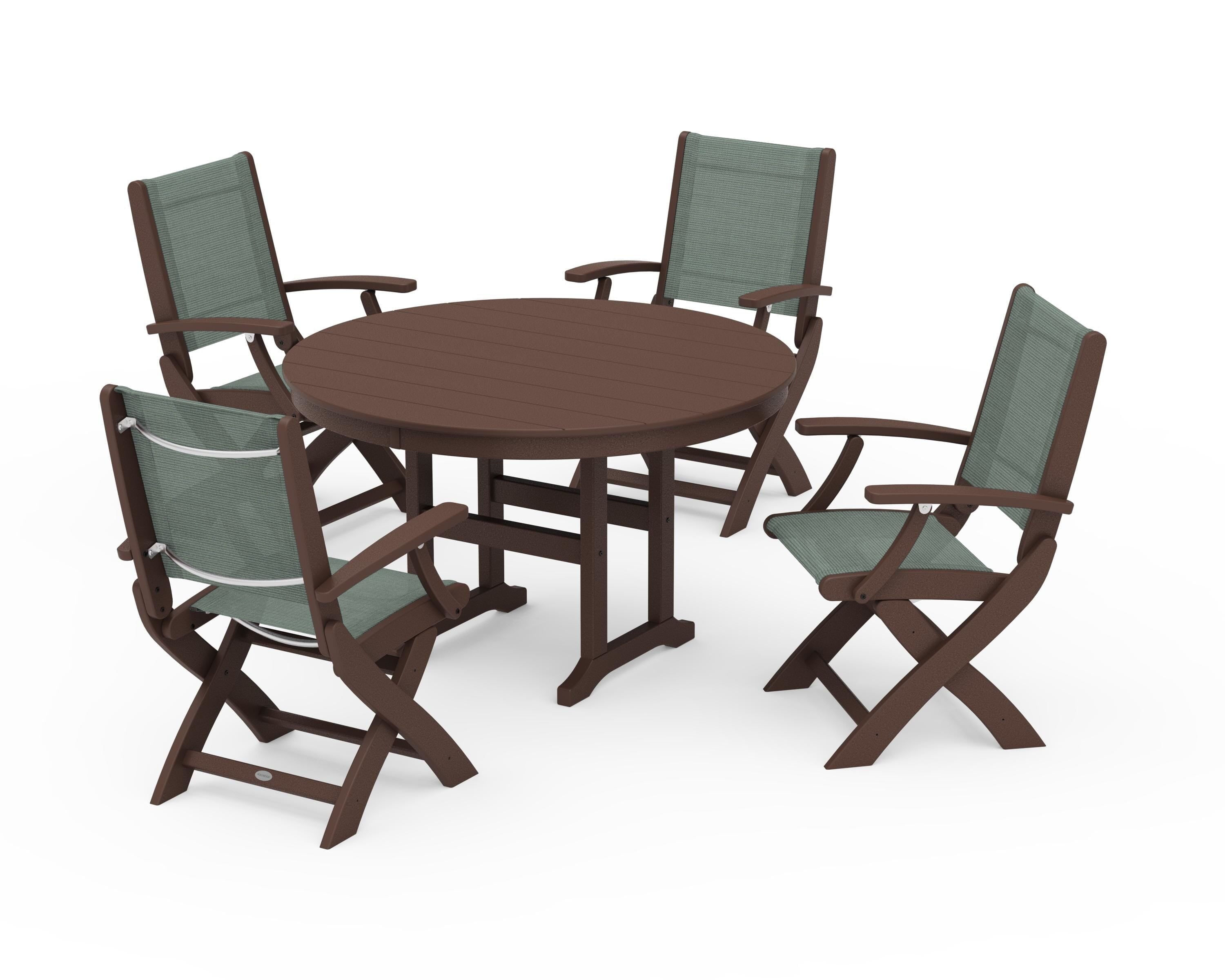 POLYWOOD Coastal Folding Chair 5-Piece Round Dining Set in Mahogany / Dupioni Sea Mist Sling