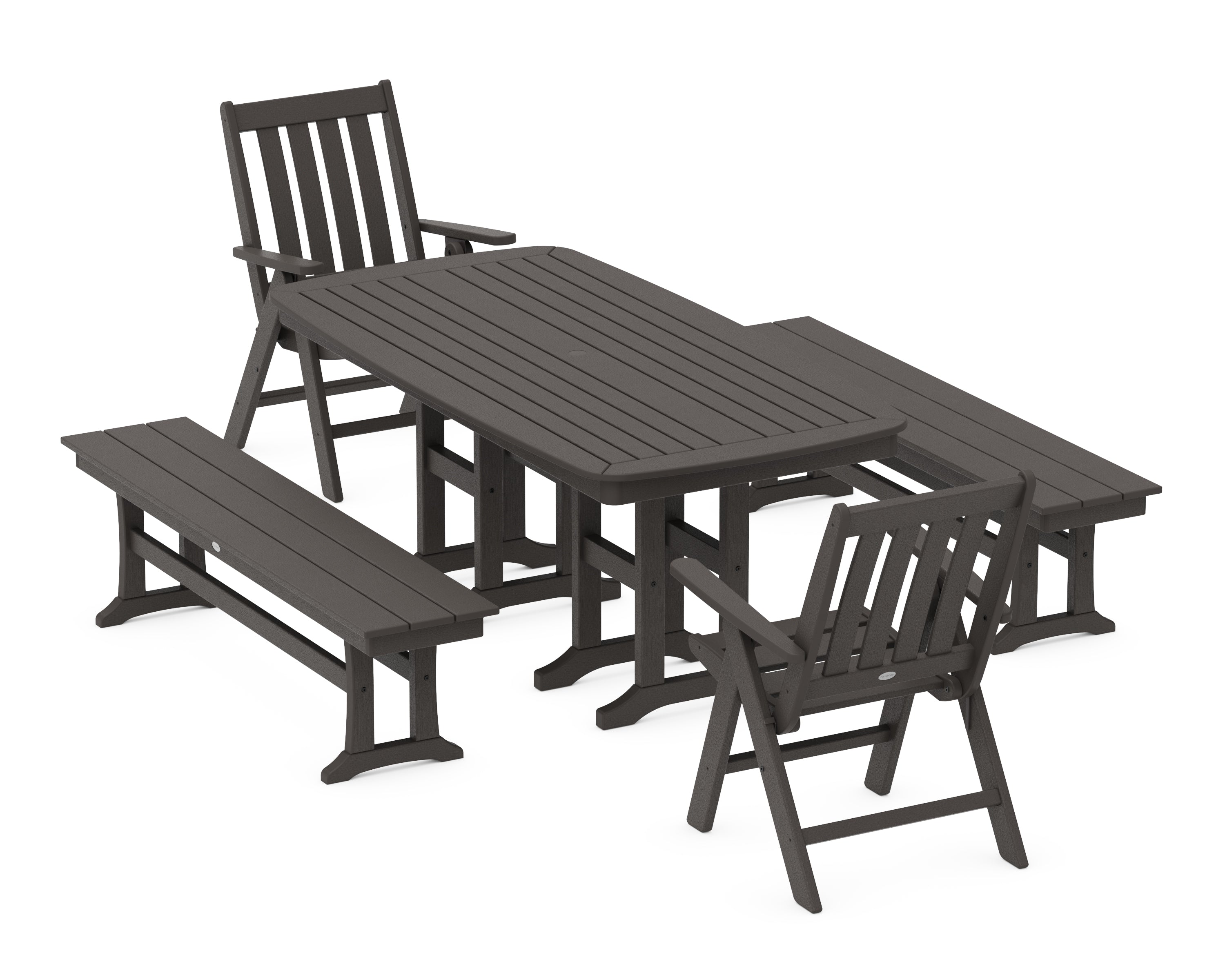 POLYWOOD Vineyard Folding Chair 6-Piece Dining Set with Benches in Vintage Coffee
