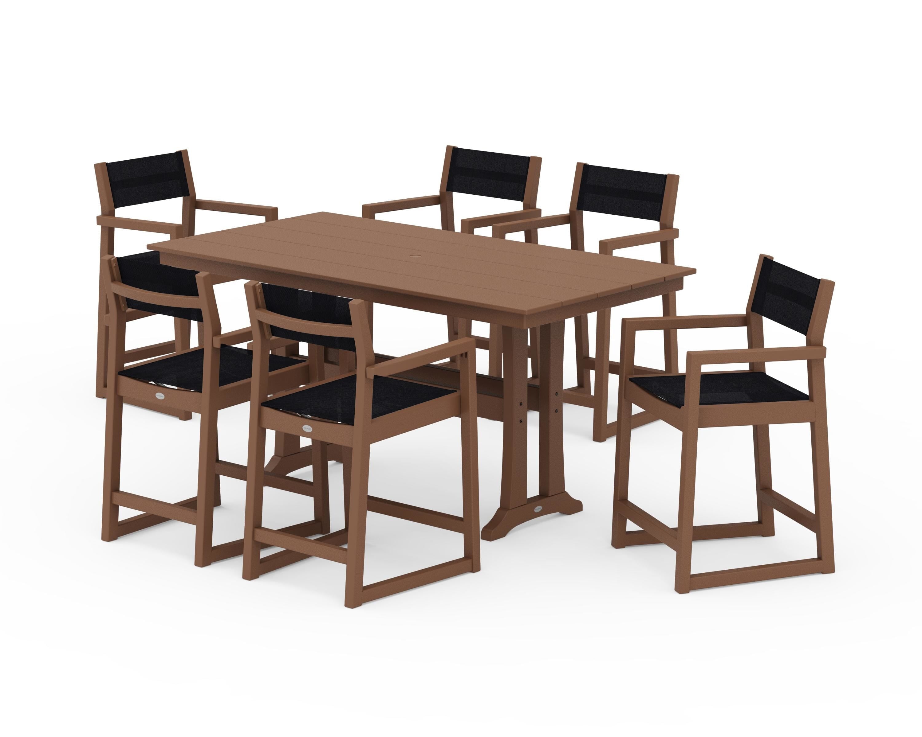 POLYWOOD EDGE Sling Arm Chair 7-Piece Farmhouse Counter Set with Trestle Legs in Teak / Black Sling
