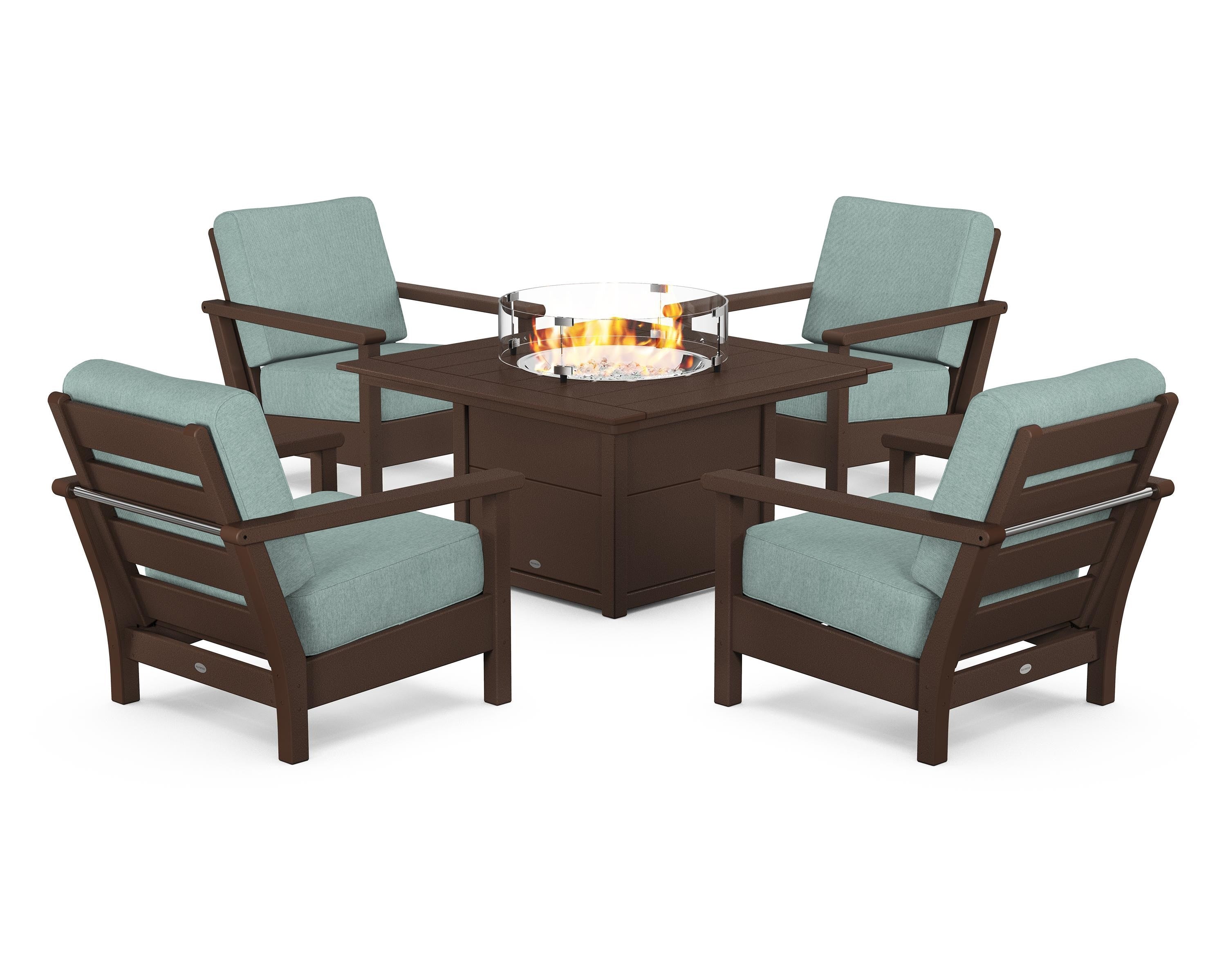 POLYWOOD Harbour 5-Piece Conversation Set with Fire Pit Table in Mahogany / Glacier Spa