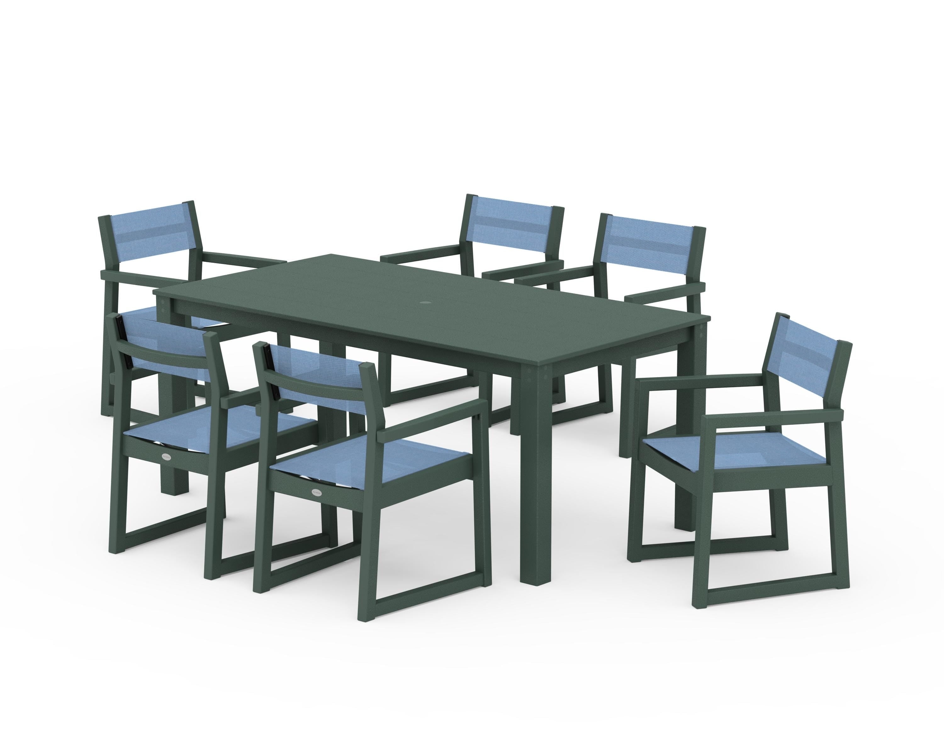 POLYWOOD EDGE Sling Arm Chair 7-Piece Parsons Dining Set in Green / Poolside Sling