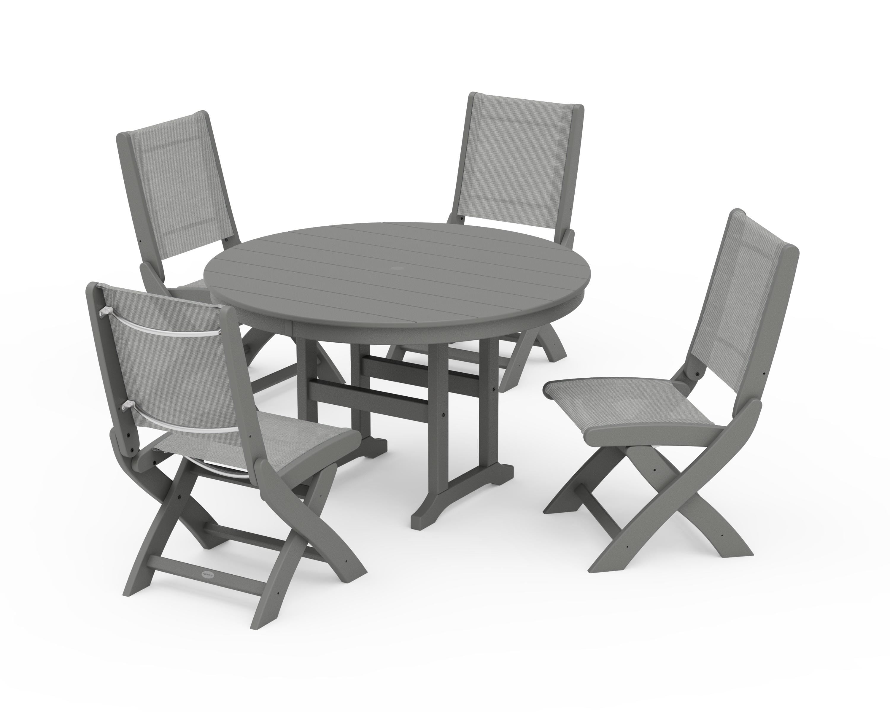 POLYWOOD Coastal Folding Side Chair 5-Piece Round Dining Set in Slate Grey / Metallic Sling