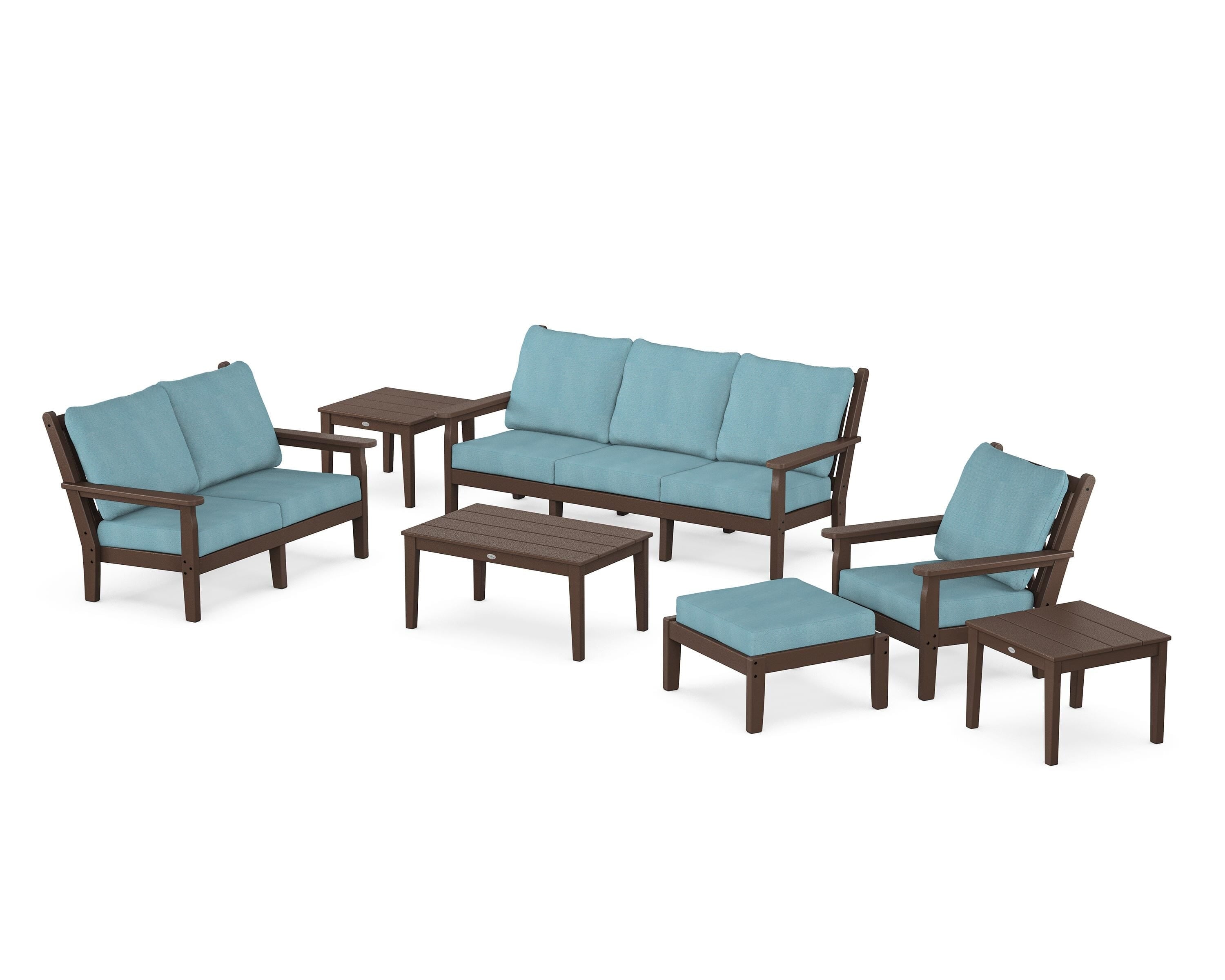 POLYWOOD Chippendale 7-Piece Deep Seating Set in Mahogany / Lattice Sky Blue