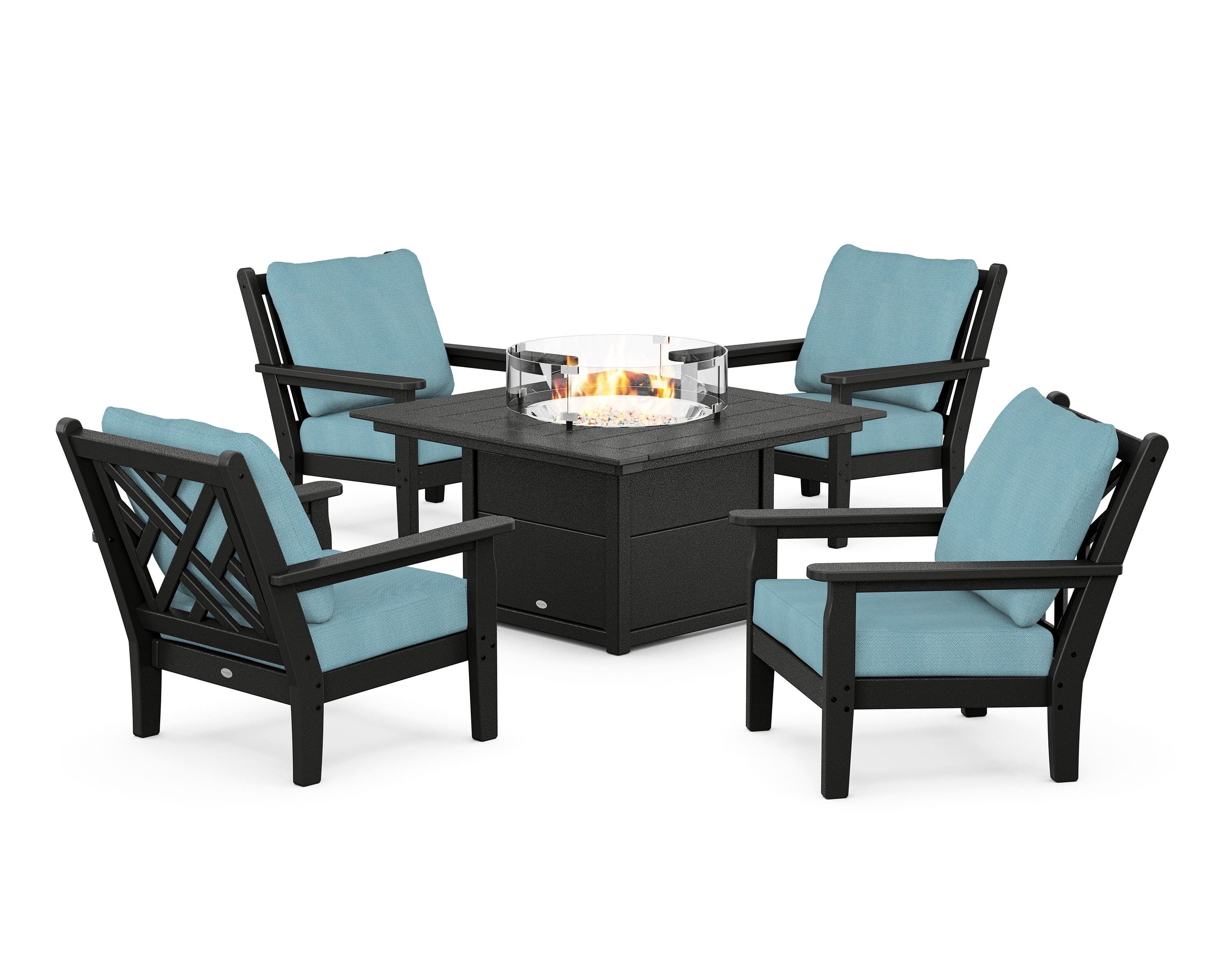 POLYWOOD Chippendale 5-Piece Deep Seating Set with Fire Pit Table in Black / Lattice Sky Blue