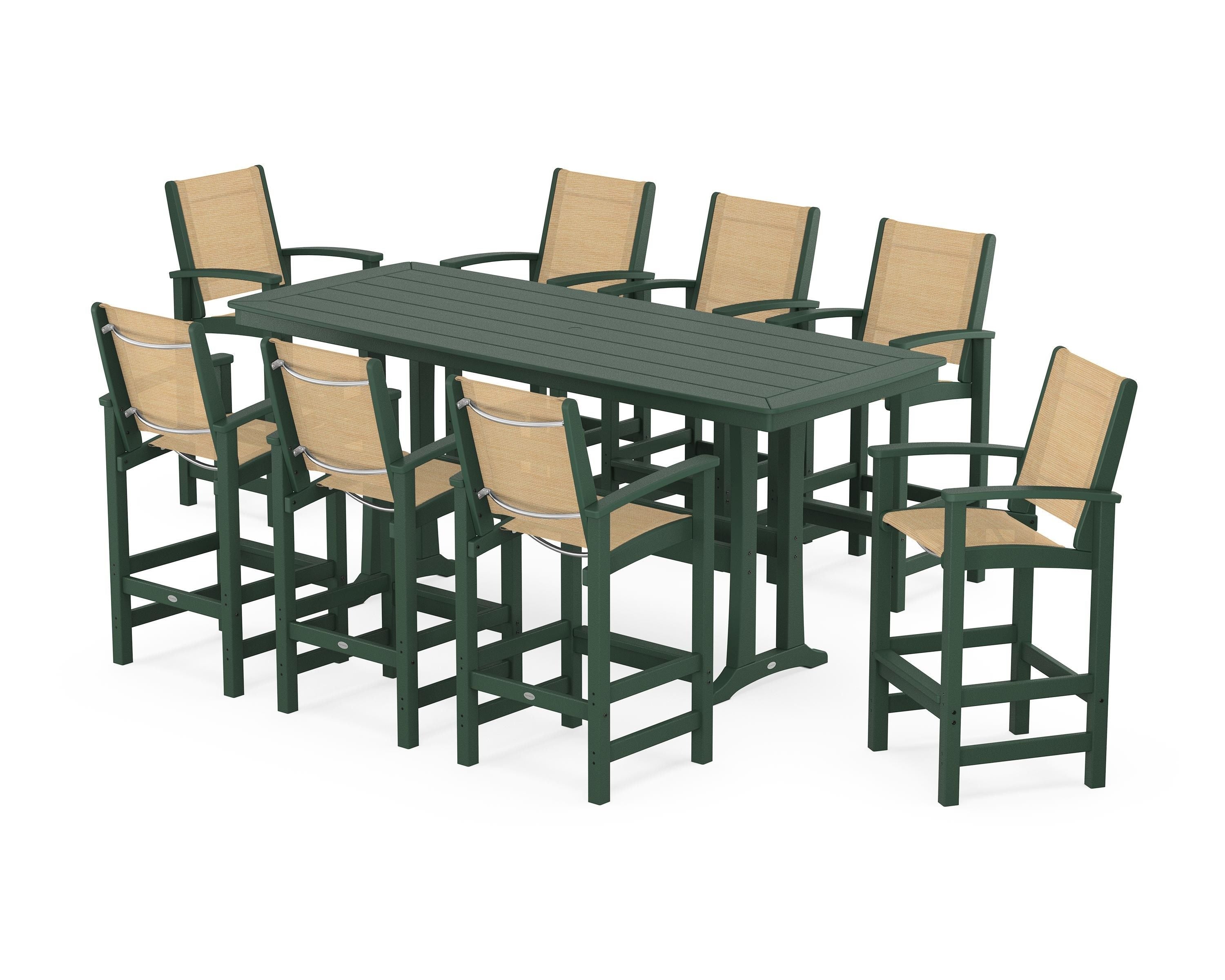 POLYWOOD Coastal 9-Piece Bar Set with Trestle Legs in Green / Dupioni Apricot Sling