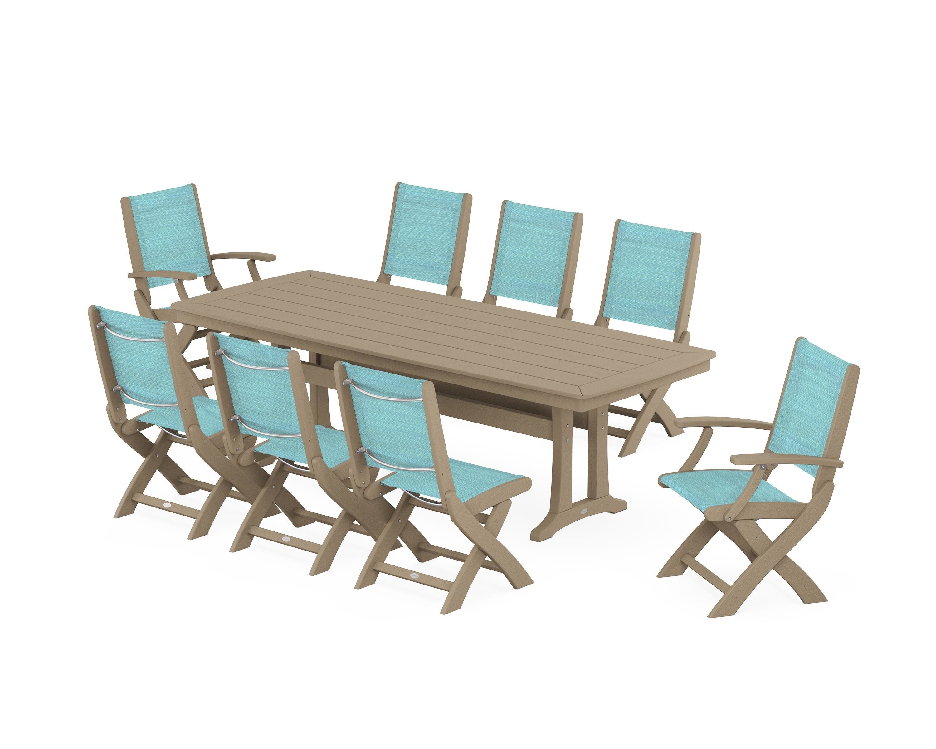 POLYWOOD Coastal Folding 9-Piece Dining Set with Trestle Legs in Vintage Sahara / Dupioni Aquamarine Sling