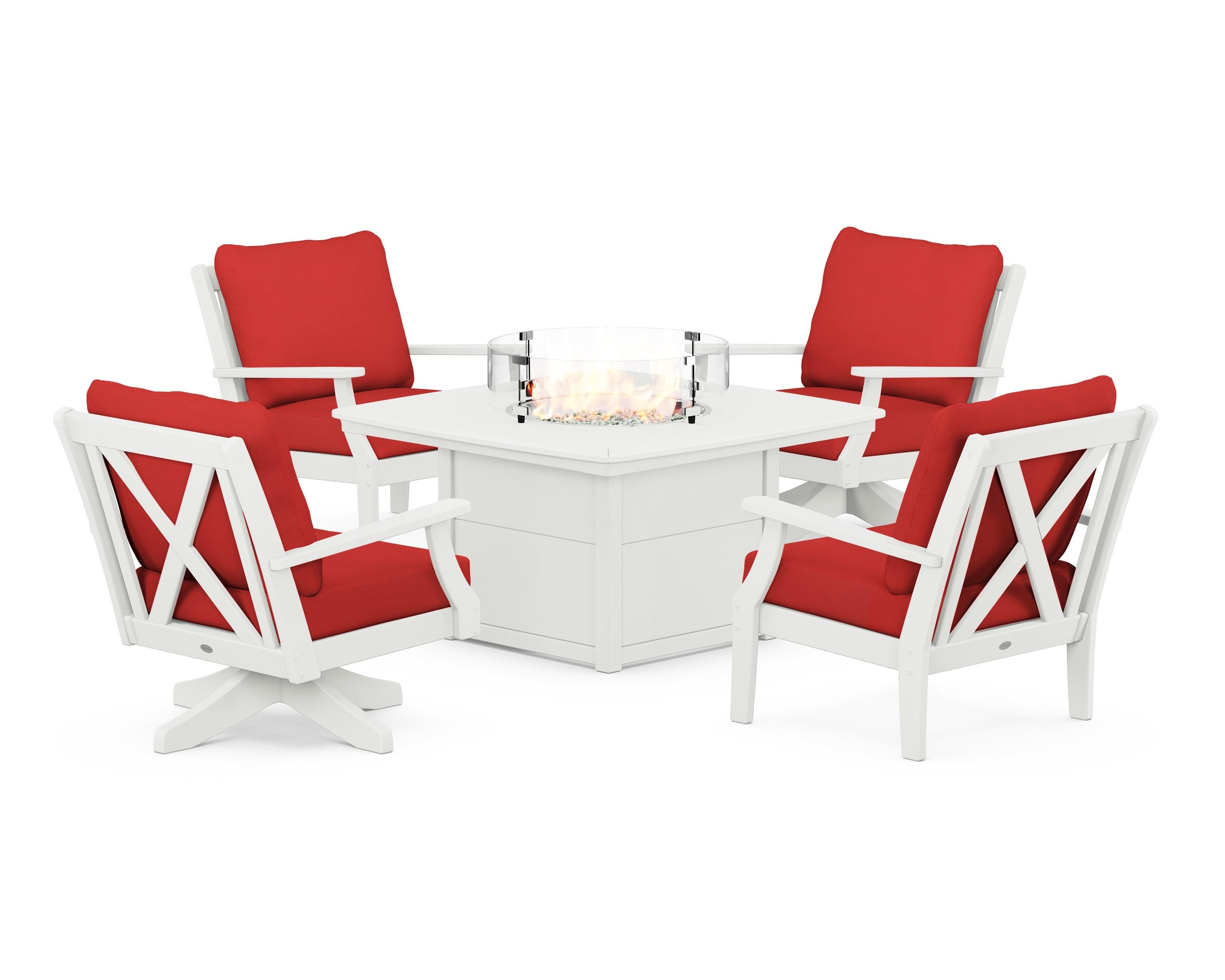 POLYWOOD Braxton 5-Piece Deep Seating Set with Fire Table in Vintage White / Crimson Linen