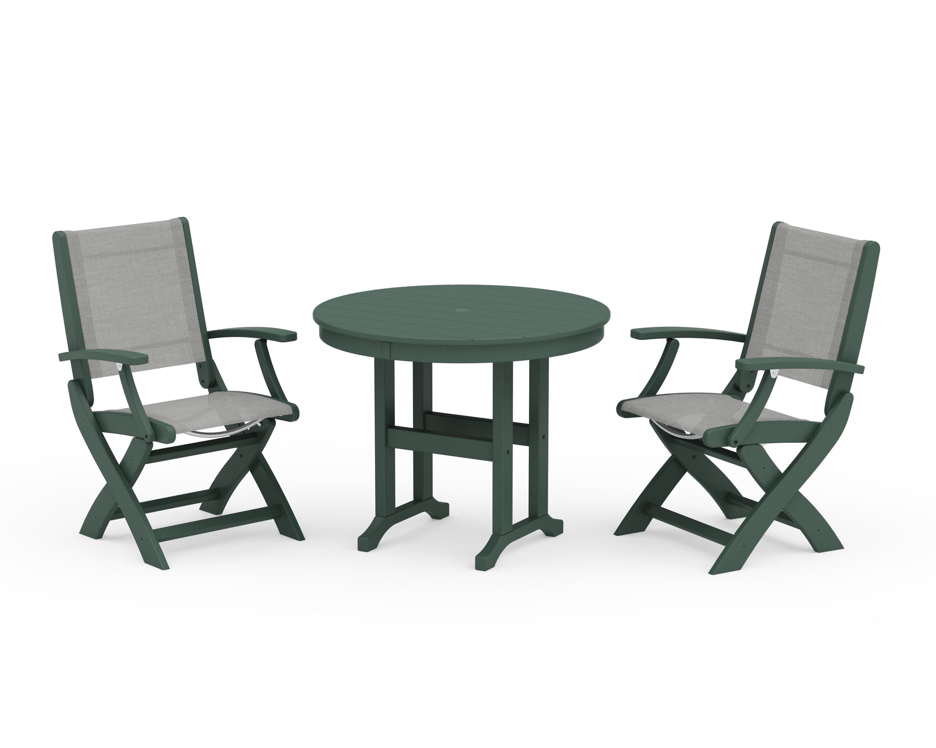 POLYWOOD Coastal Folding Chair 3-Piece Round Dining Set in Green / Metallic Sling