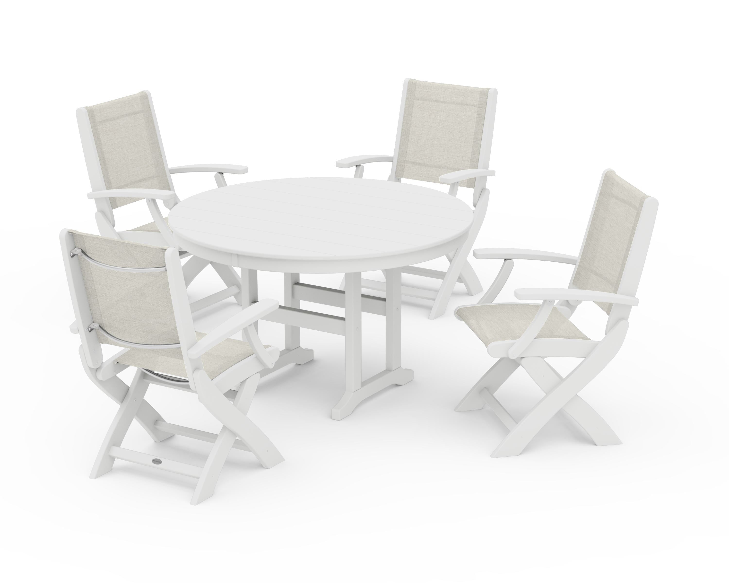 POLYWOOD Coastal Folding Chair 5-Piece Round Dining Set in White / Parchment Sling