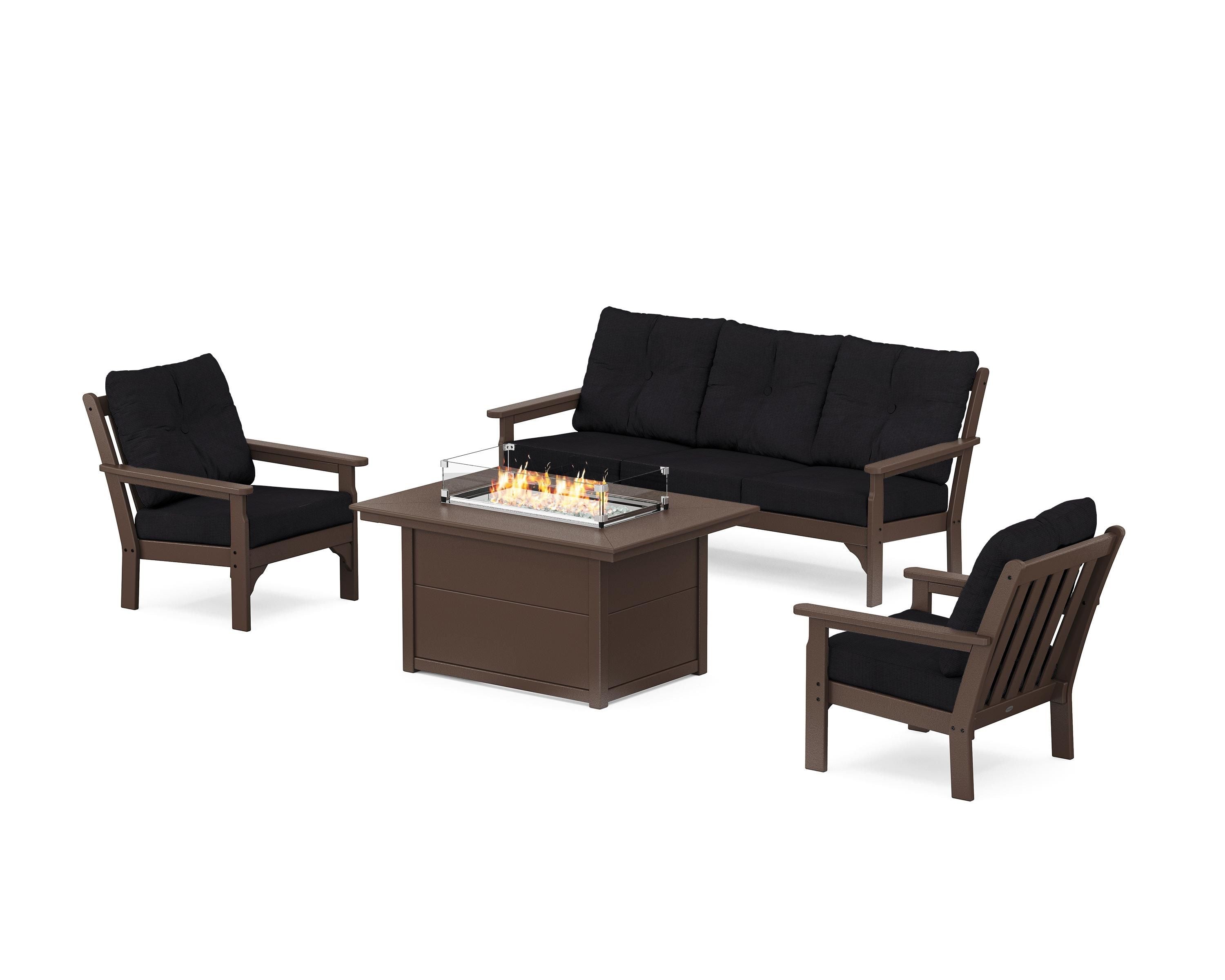 POLYWOOD Vineyard Deep Seating Fire Pit Table Set in Mahogany / Midnight Linen