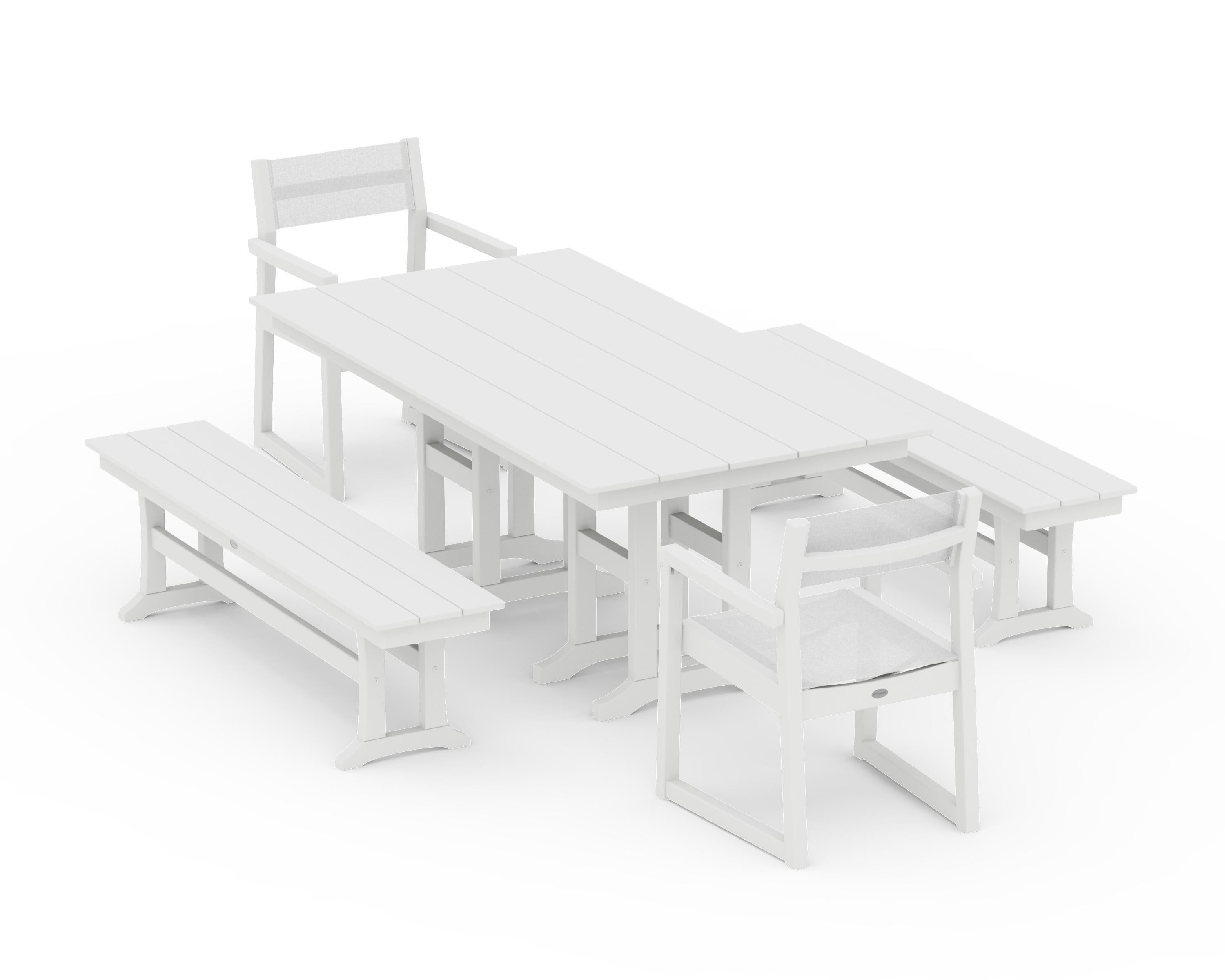 POLYWOOD EDGE Sling Arm Chair 5-Piece Farmhouse Dining Set with Benches in White / White Sling