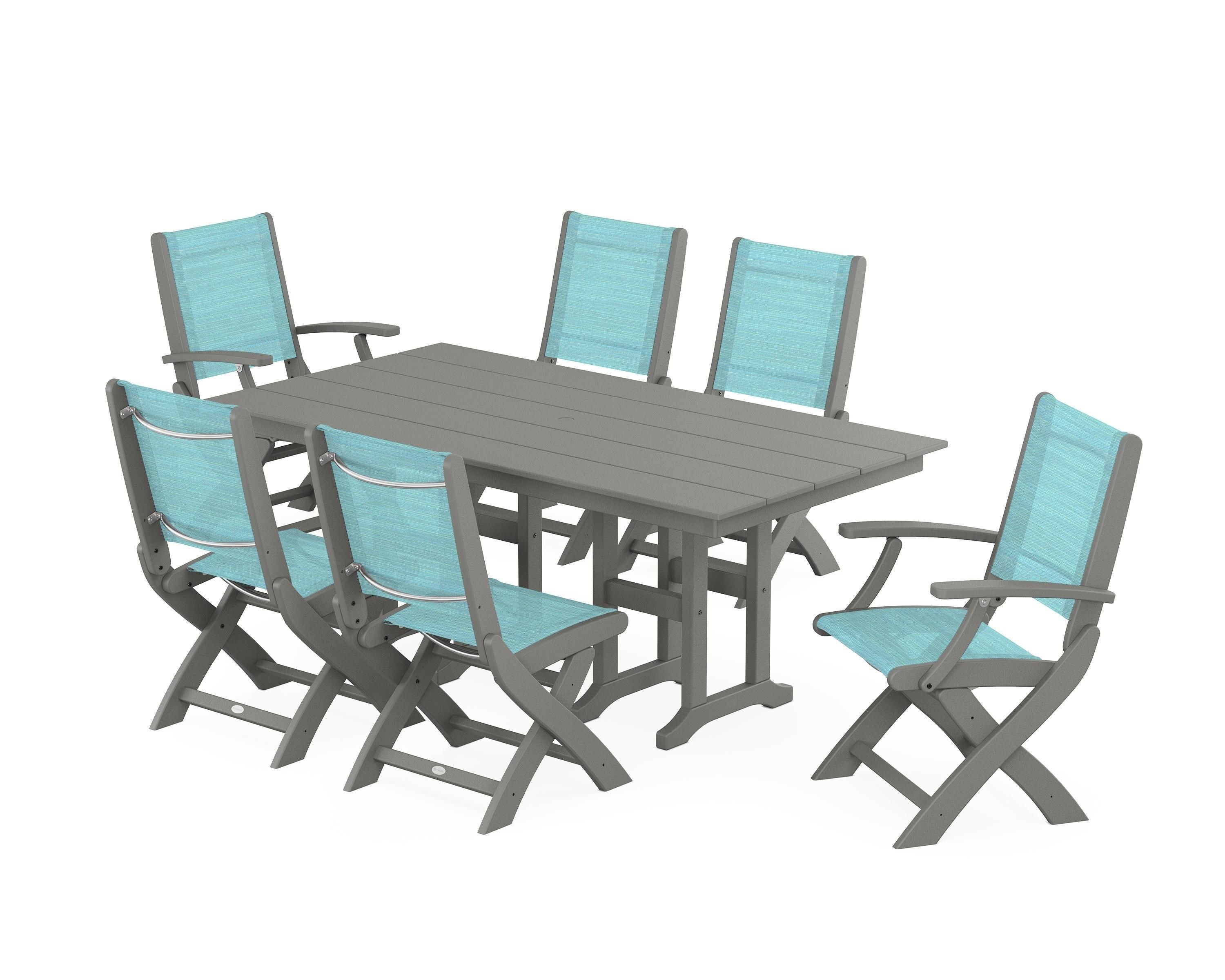POLYWOOD Coastal Folding Chair 7-Piece Farmhouse Dining Set in Slate Grey / Dupioni Aquamarine Sling