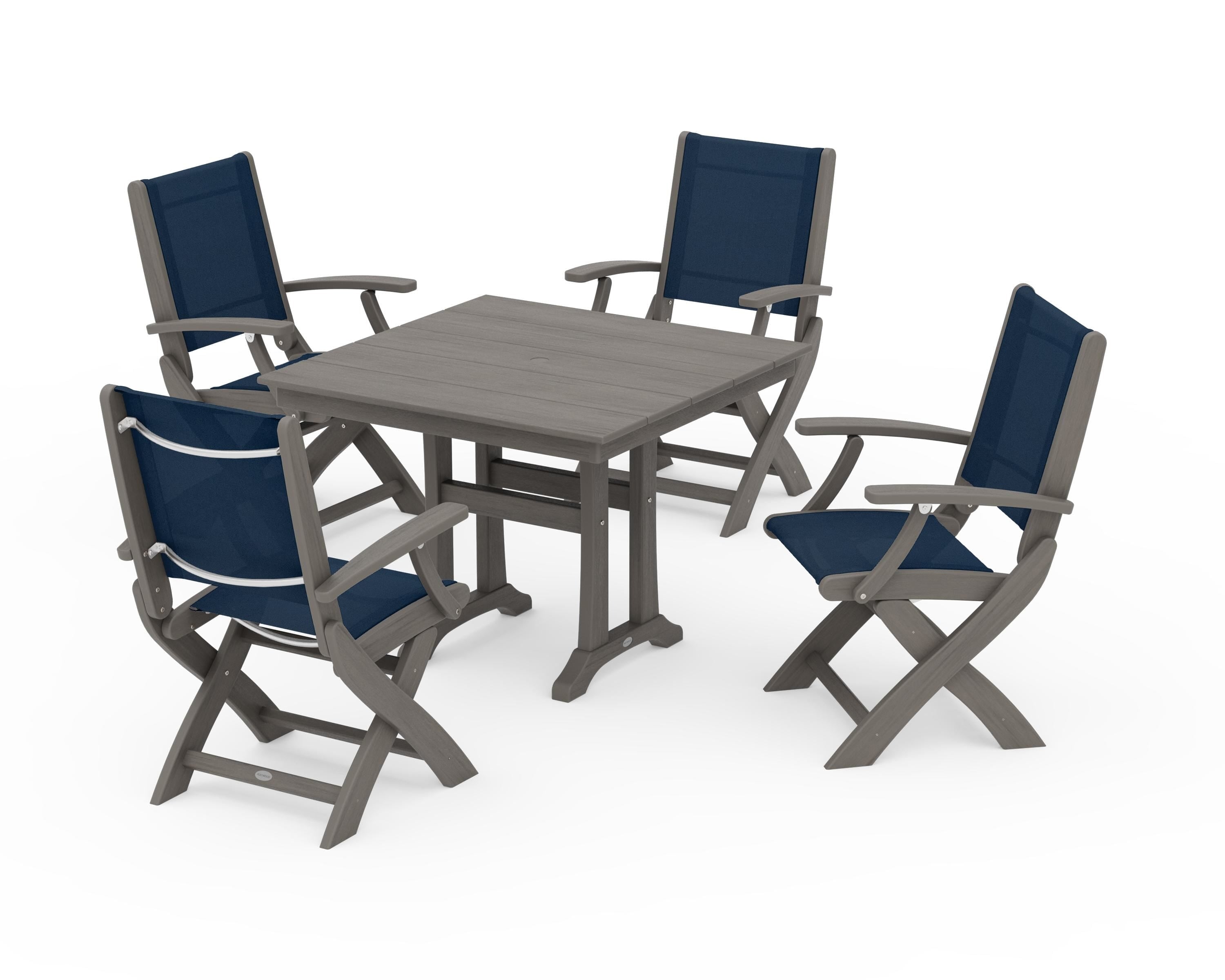 POLYWOOD Coastal Folding Chair 5-Piece Farmhouse Dining Set With Trestle Legs in Driftwood / Navy Blue Sling