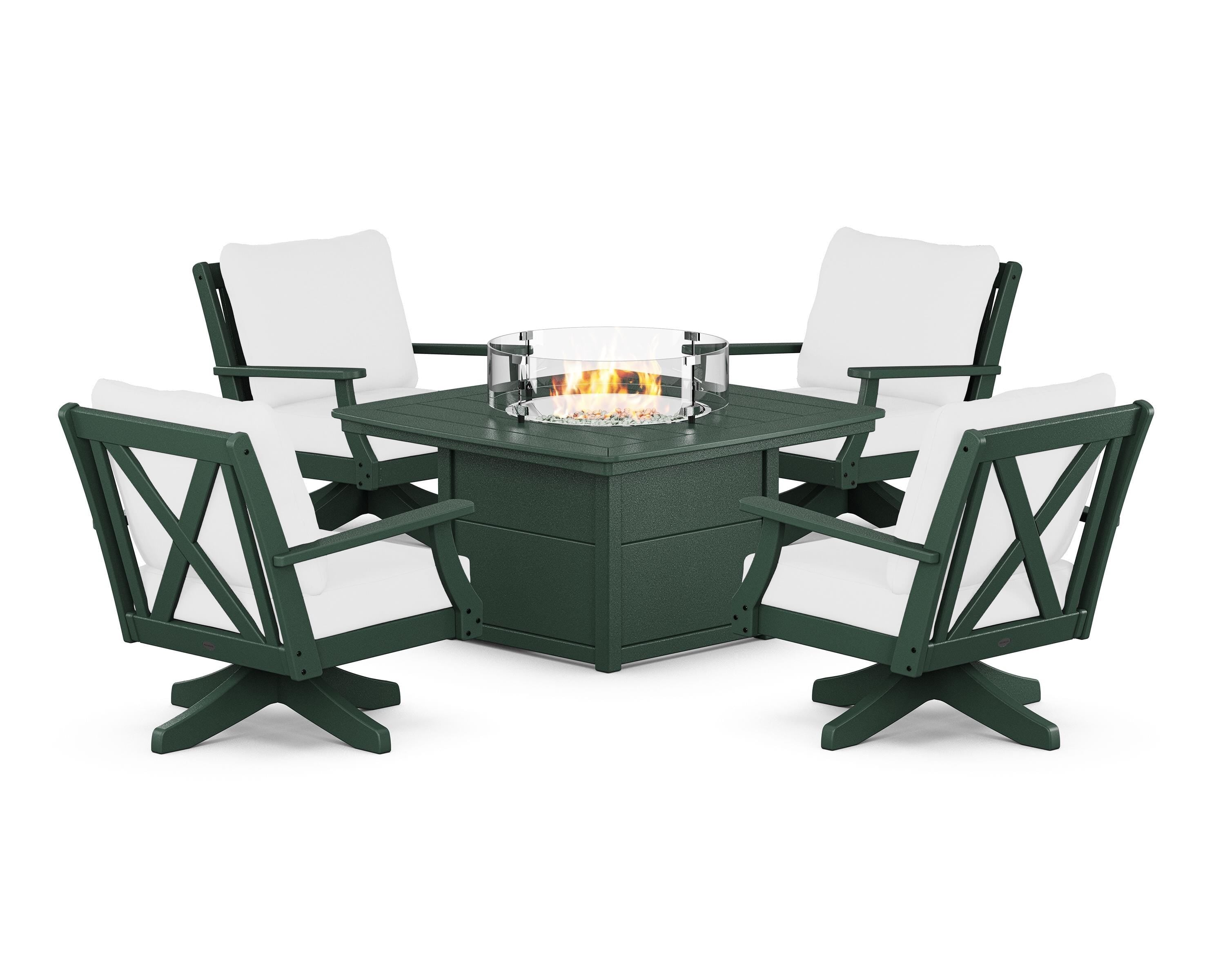 POLYWOOD Braxton 5-Piece Deep Seating Swivel Conversation Set with Fire Pit Table in Green / Natural