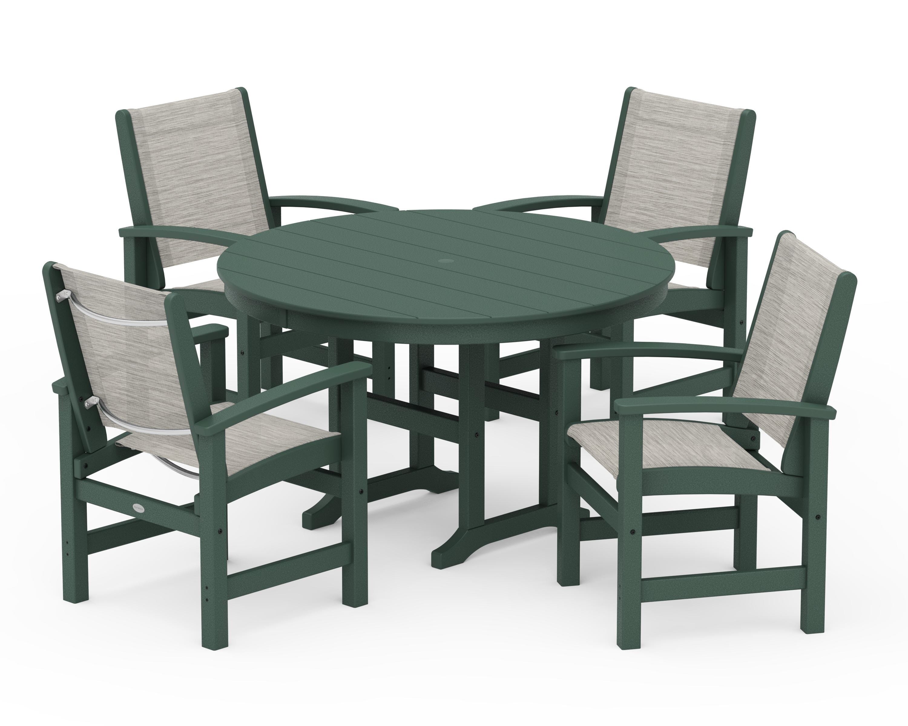 POLYWOOD Coastal 5-Piece Round Farmhouse Dining Set in Green / Birch Sling