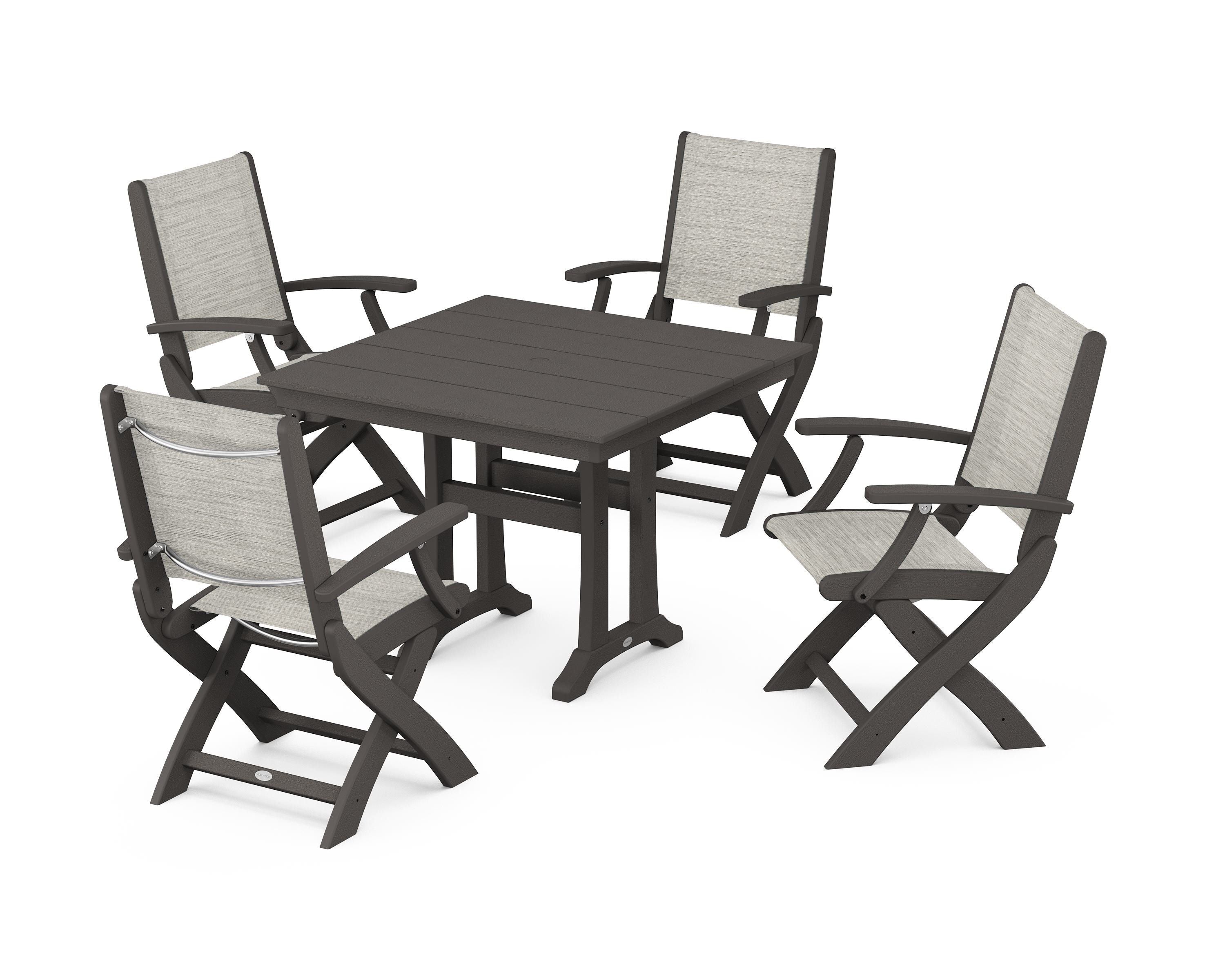 POLYWOOD Coastal Folding Chair 5-Piece Farmhouse Dining Set With Trestle Legs in Vintage Coffee / Birch Sling