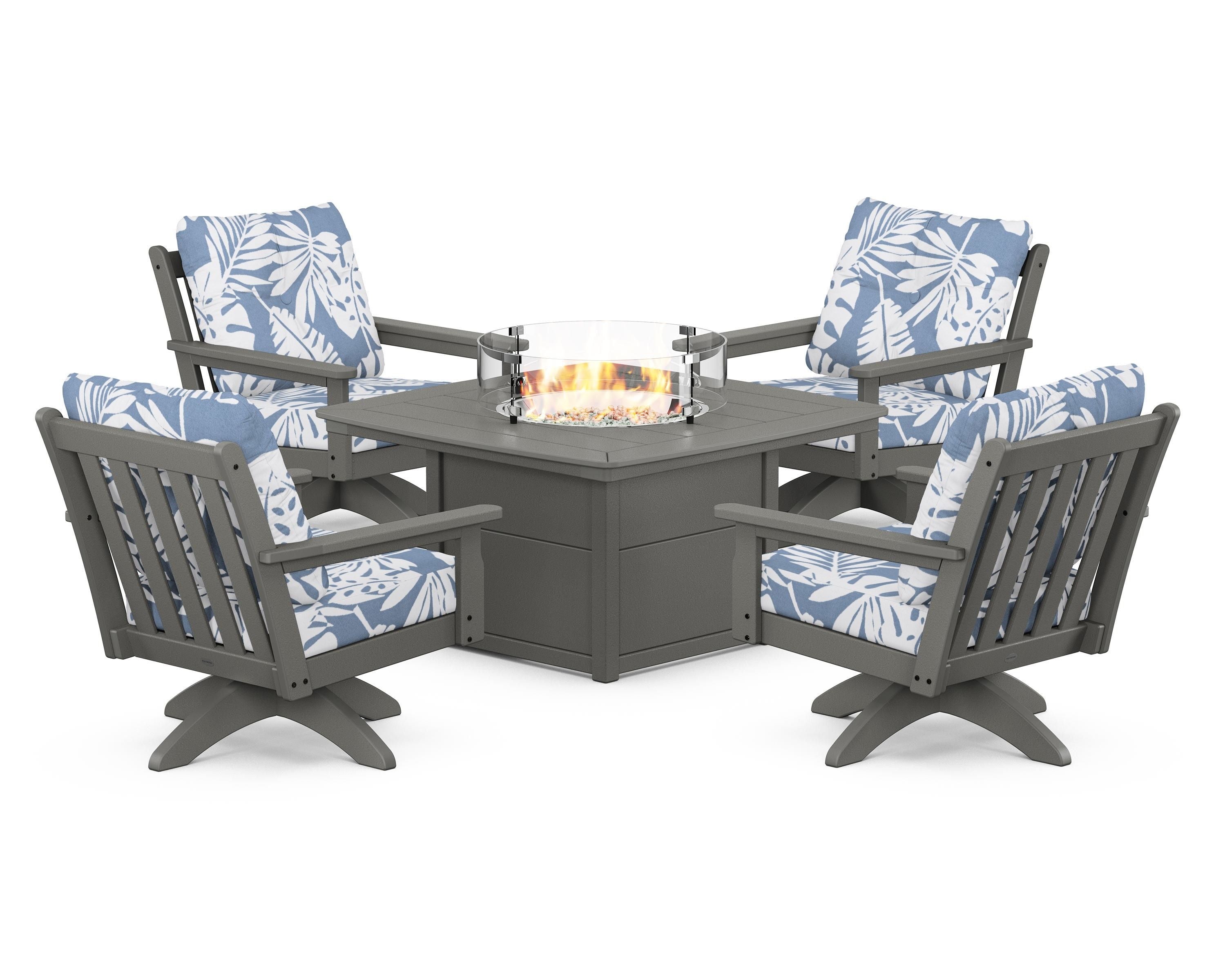 POLYWOOD Vineyard 5-Piece Deep Seating Swivel Conversation Set with Fire Pit Table in Slate Grey / Leaf Sky Blue