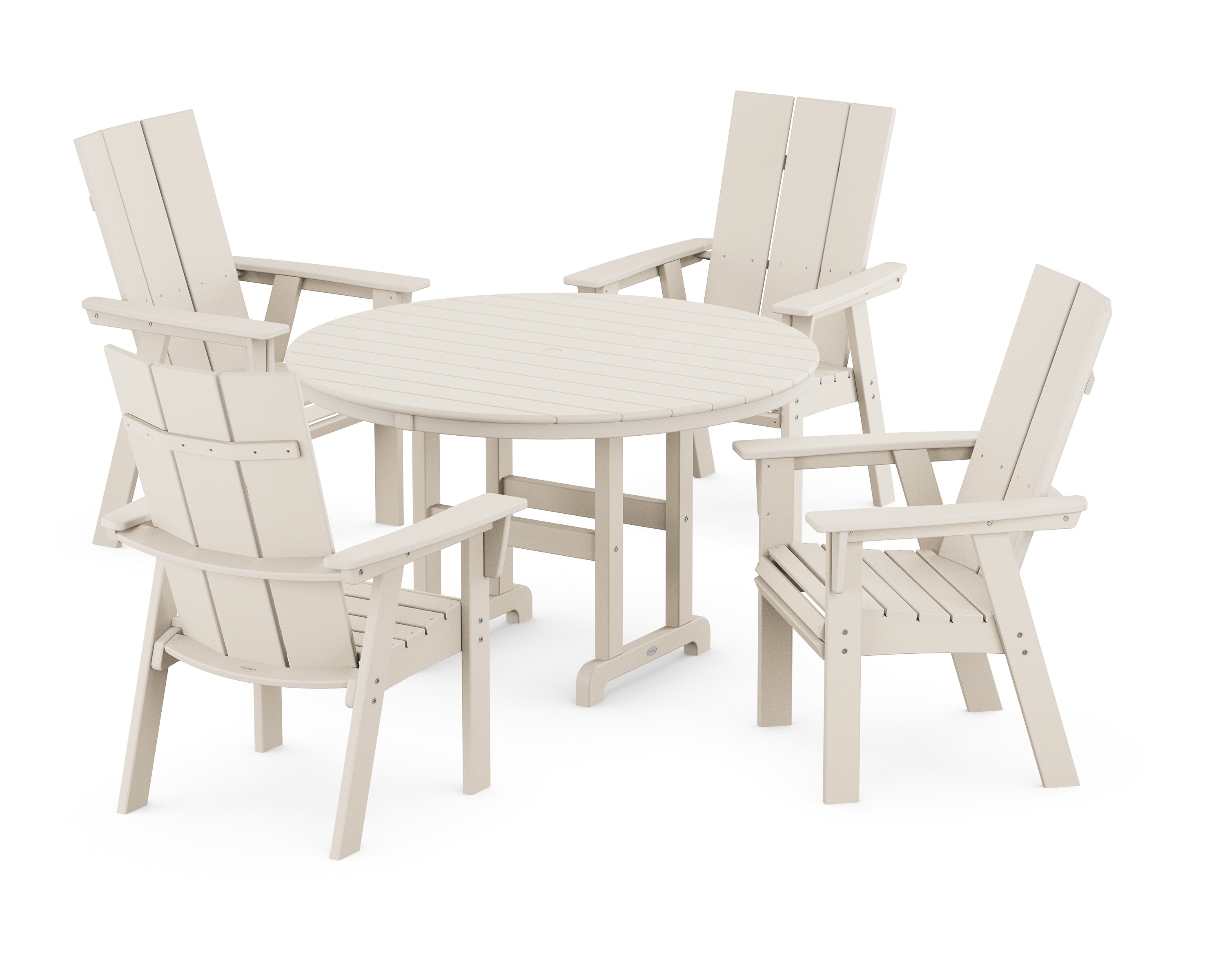 POLYWOOD® Modern Curveback Adirondack 5-Piece Round Farmhouse Dining Set in Sand