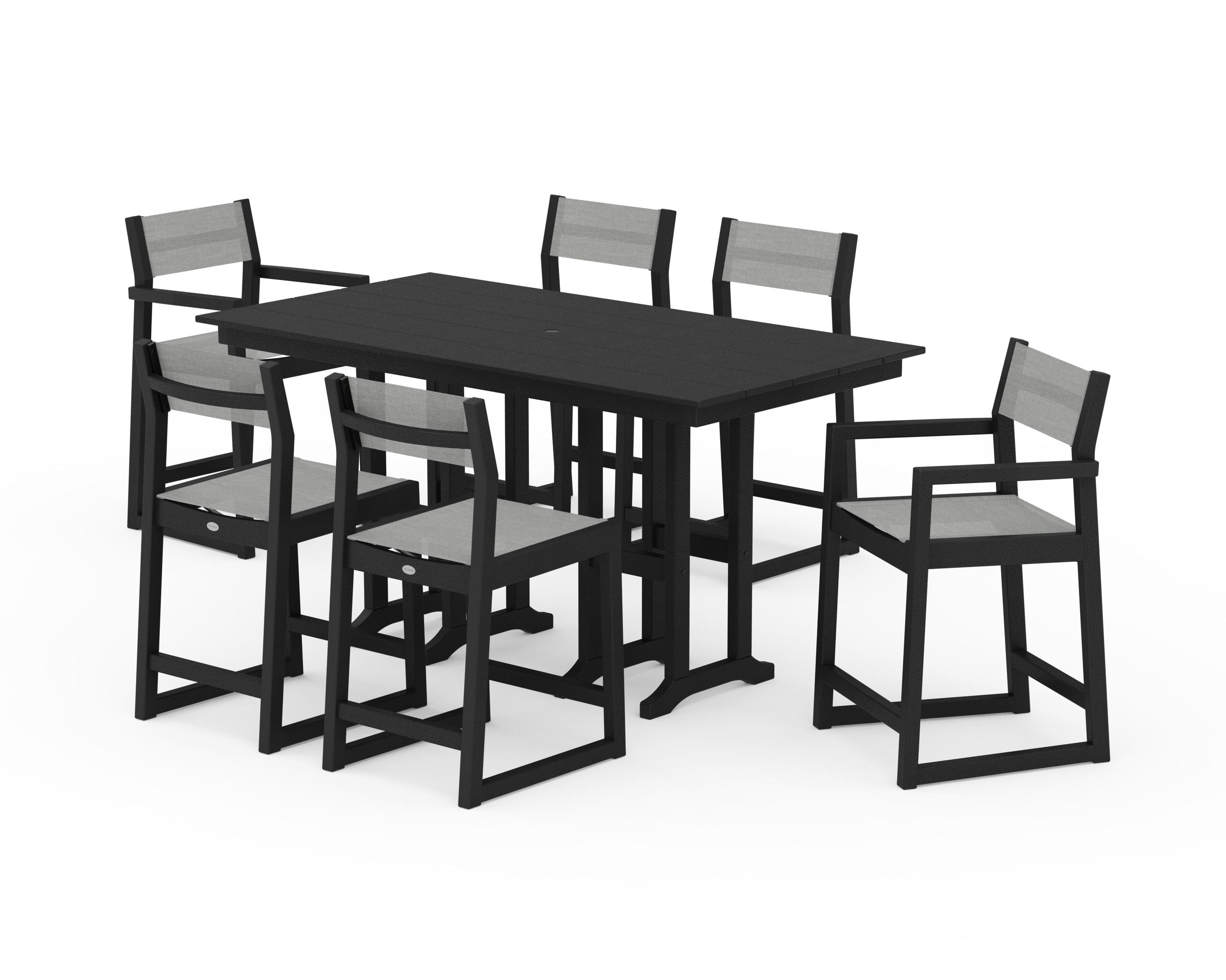 POLYWOOD EDGE Sling 7-Piece Farmhouse Counter Set in Black / Metallic Sling