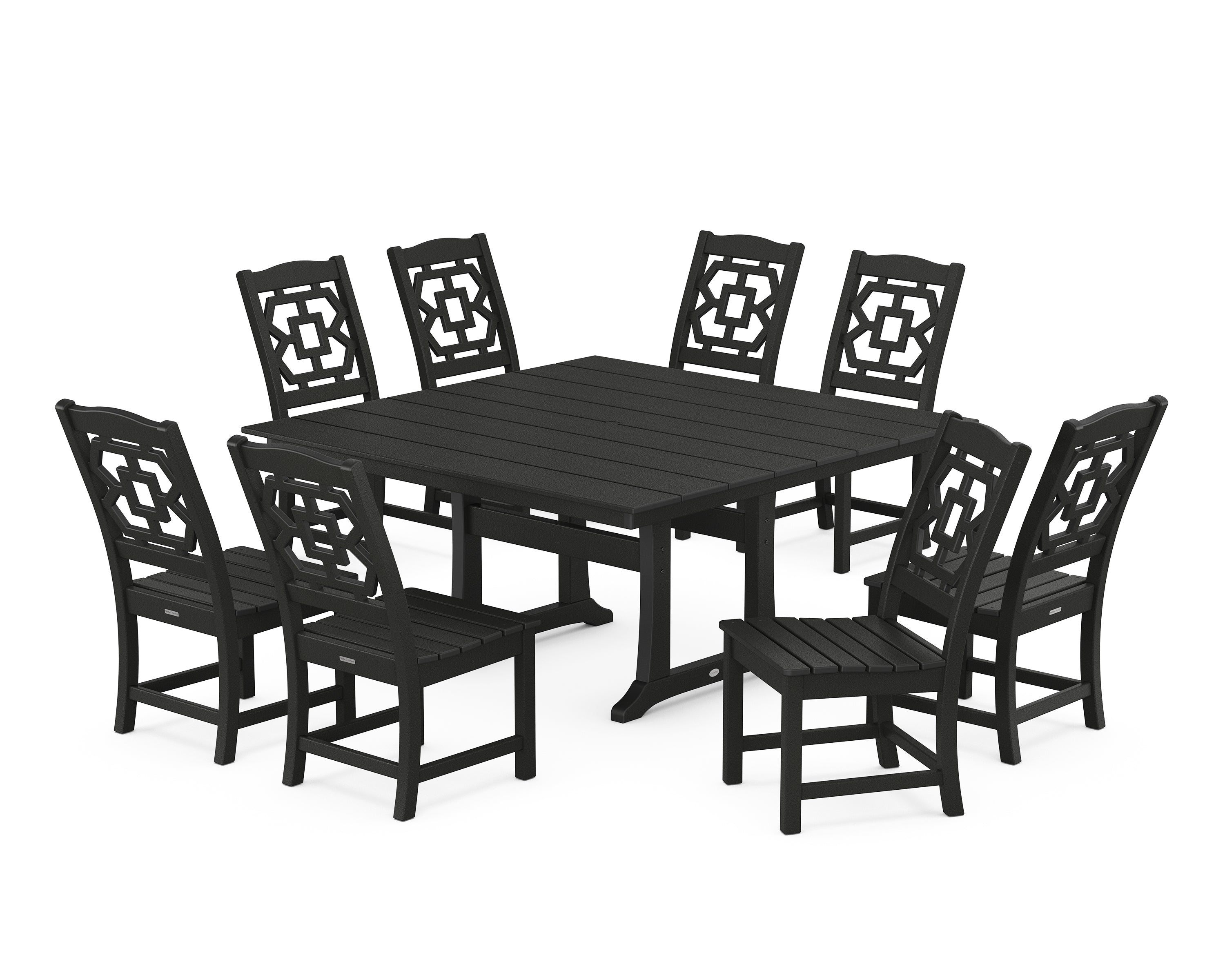 Martha Stewart by POLYWOOD® Chinoiserie 9-Piece Square Farmhouse Side Chair Dining Set with Trestle Legs in Black