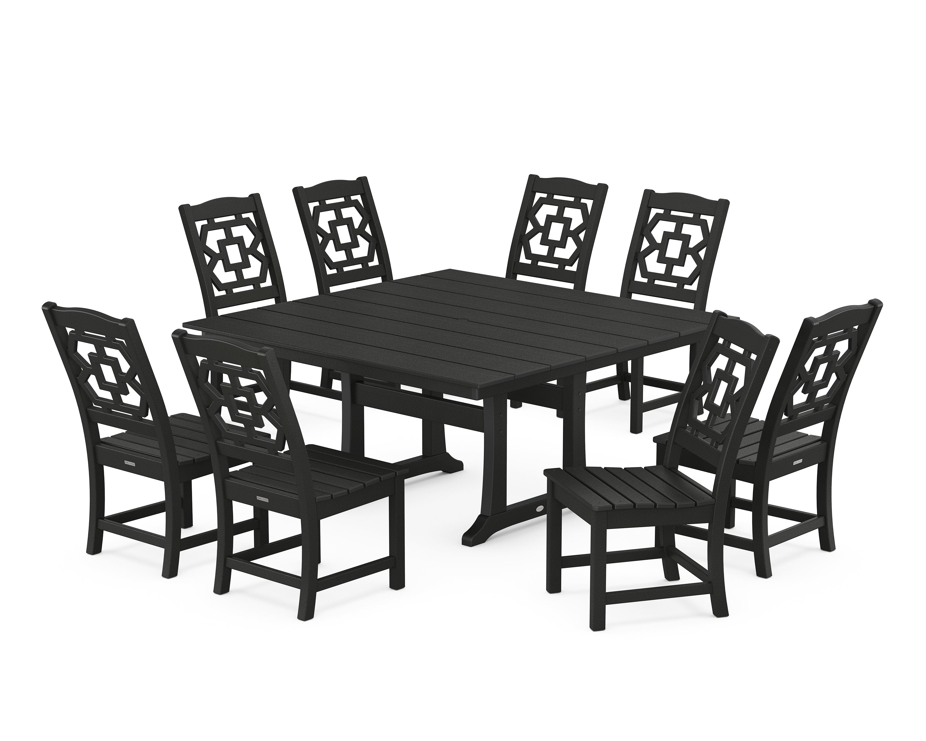 Martha Stewart by POLYWOOD® Chinoiserie 9-Piece Square Farmhouse Side Chair Dining Set with Trestle Legs in Black