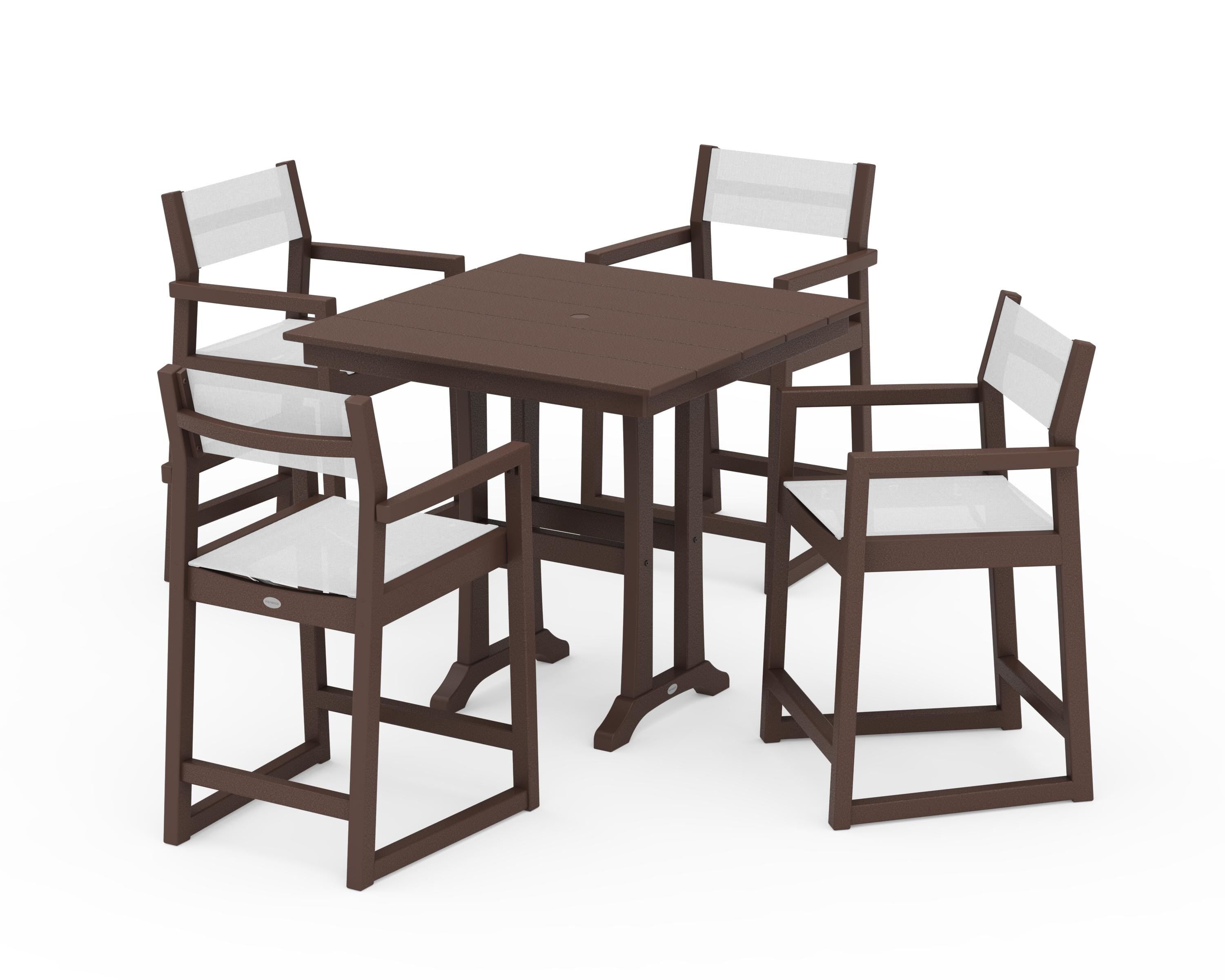 POLYWOOD EDGE Sling Arm Chair 5-Piece Farmhouse Counter Set with Trestle Legs in Mahogany / White Sling