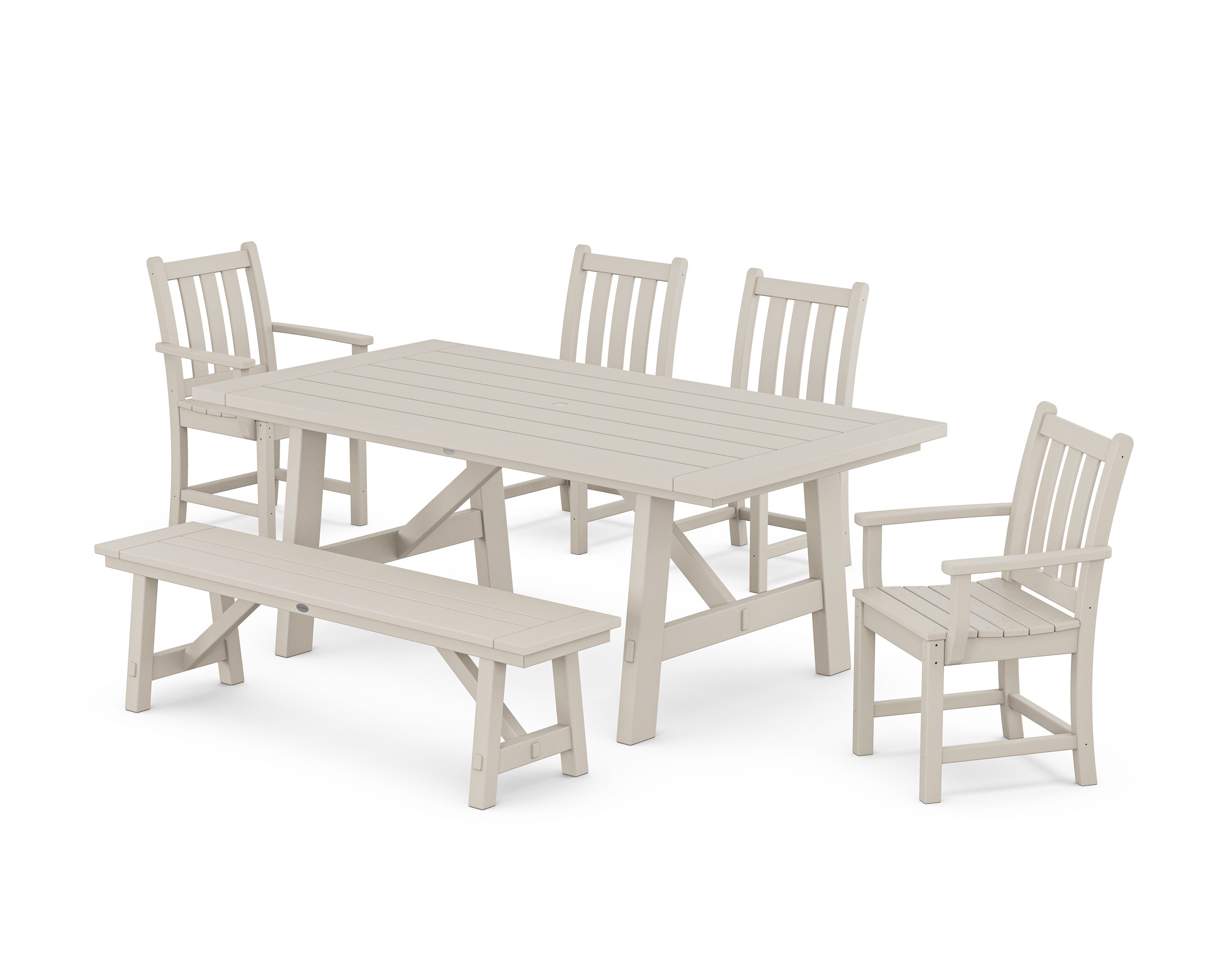 POLYWOOD® Traditional Garden 6-Piece Rustic Farmhouse Dining Set With Bench in Sand