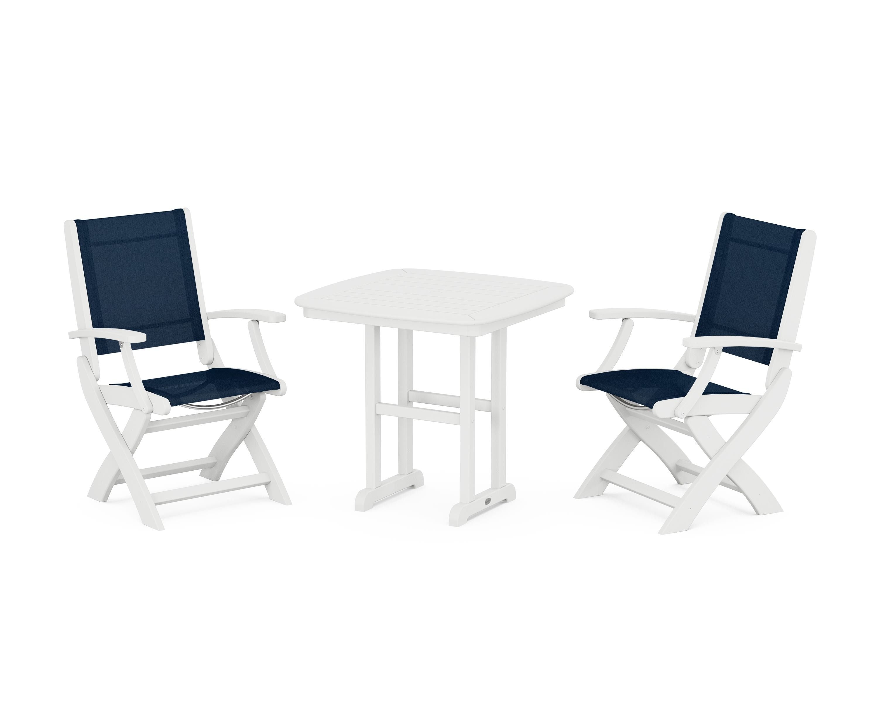 POLYWOOD Coastal Folding Chair 3-Piece Dining Set in White / Navy Blue Sling