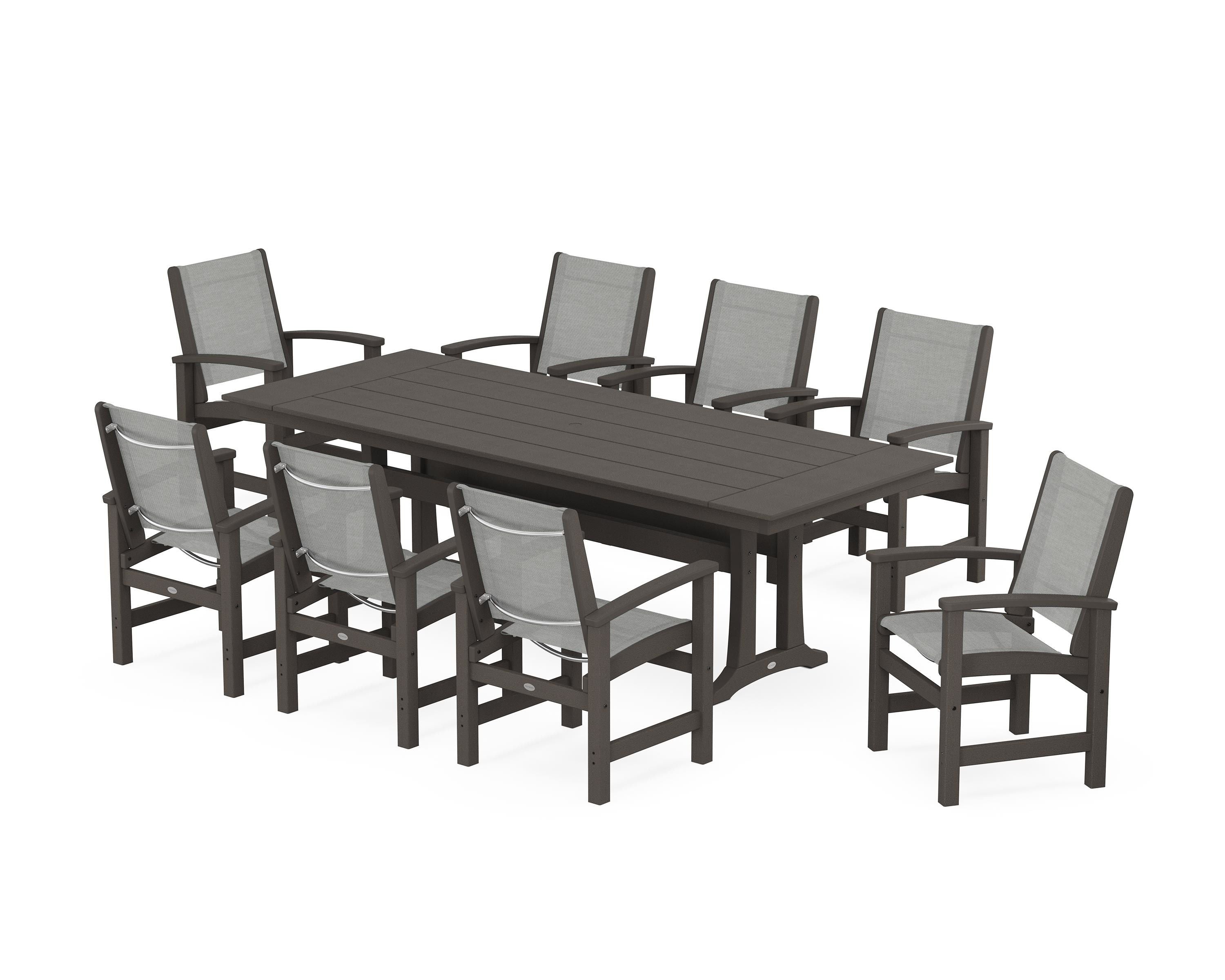 POLYWOOD Coastal 9-Piece Farmhouse Dining Set with Trestle Legs in Vintage Coffee / Metallic Sling