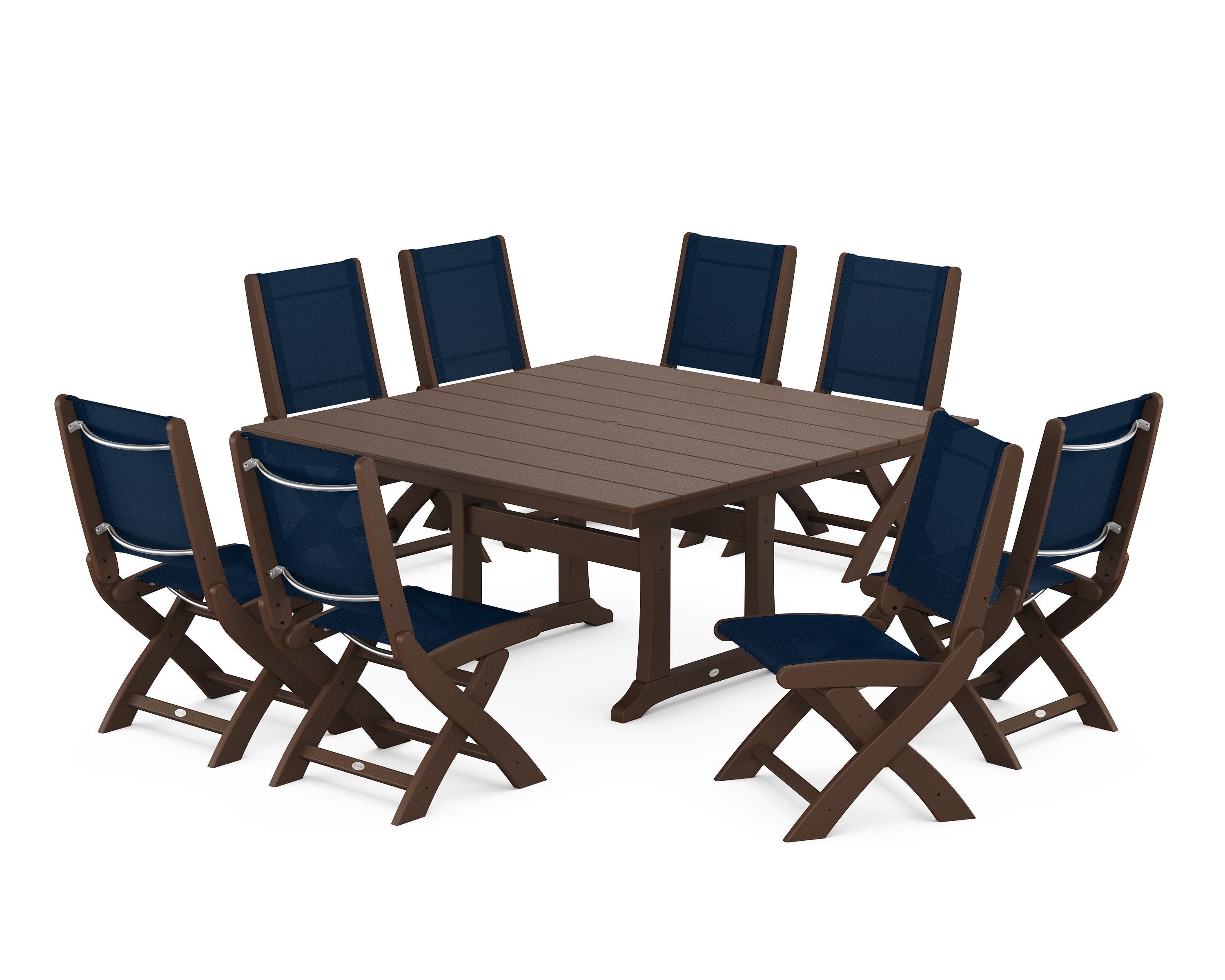 POLYWOOD Coastal Folding Side Chair 9-Piece Farmhouse Dining Set in Mahogany / Navy Blue Sling