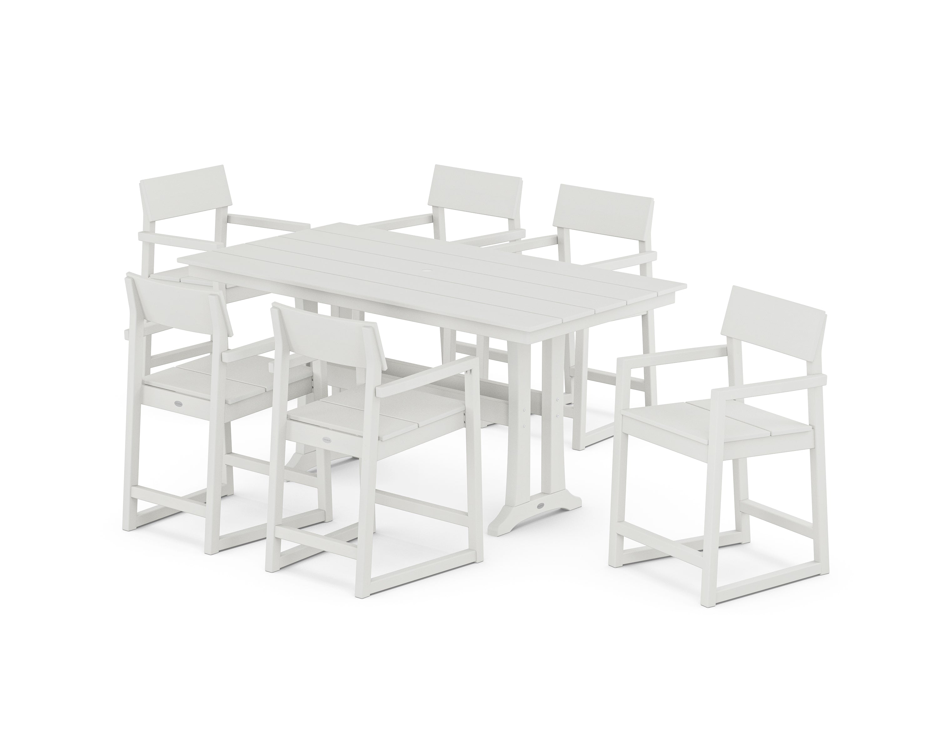 POLYWOOD® EDGE Arm Chair 7-Piece Farmhouse Counter Set with Trestle Legs in Vintage White