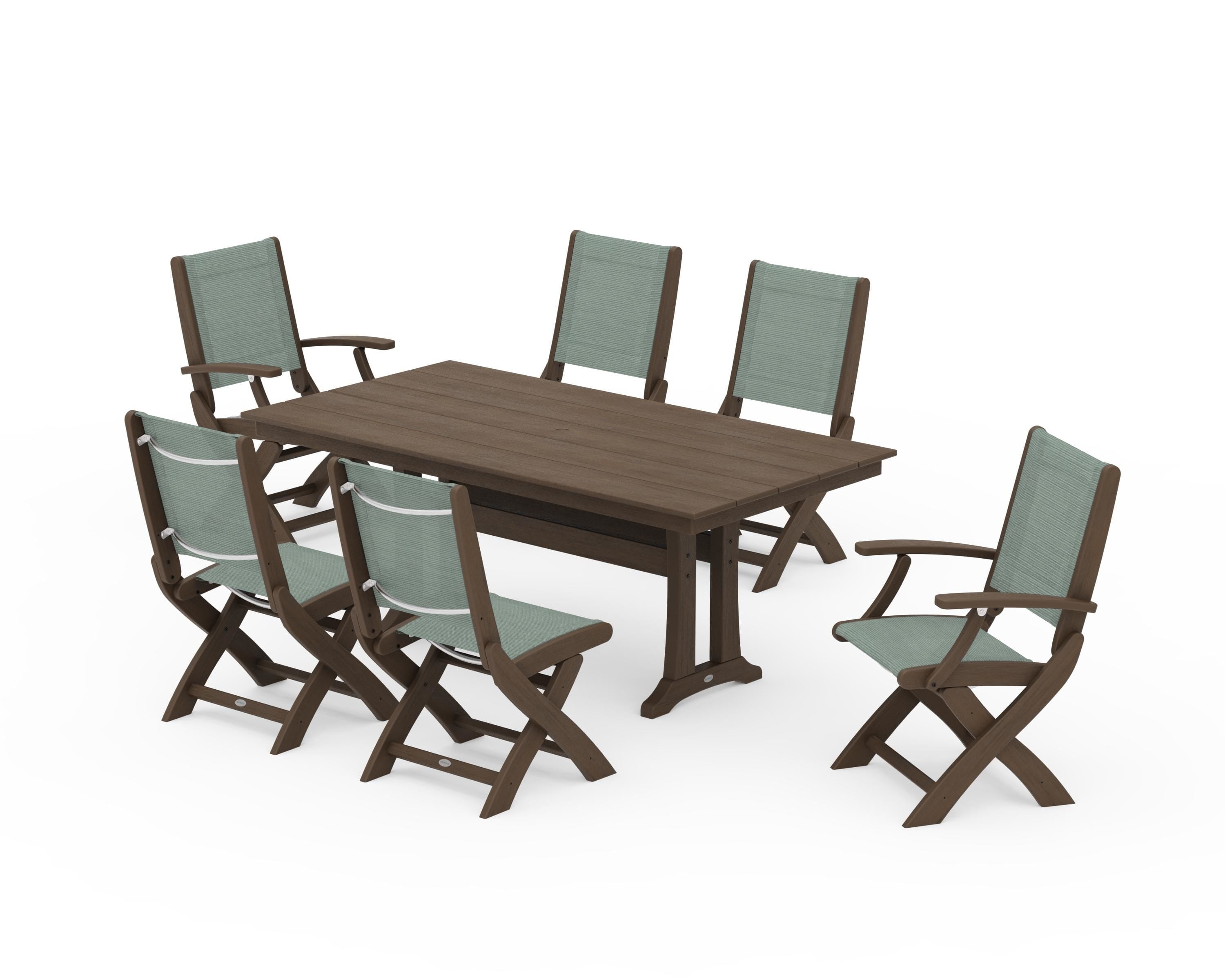 POLYWOOD Coastal Folding Chair 7-Piece Farmhouse Dining Set with Trestle Legs in Kona / Dupioni Sea Mist Sling