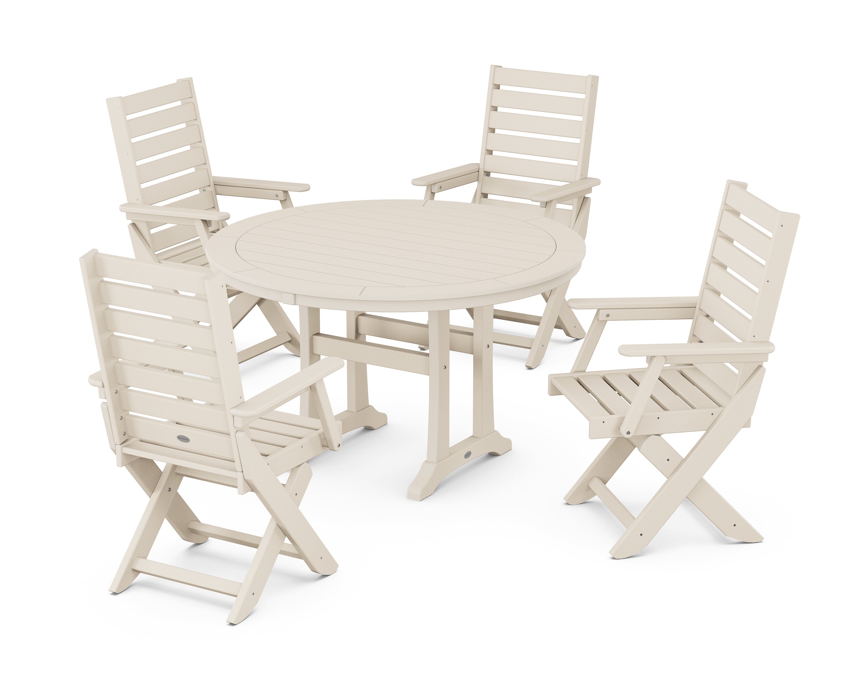 POLYWOOD® Captain Folding Chair 5-Piece Round Dining Set with Trestle Legs in Sand