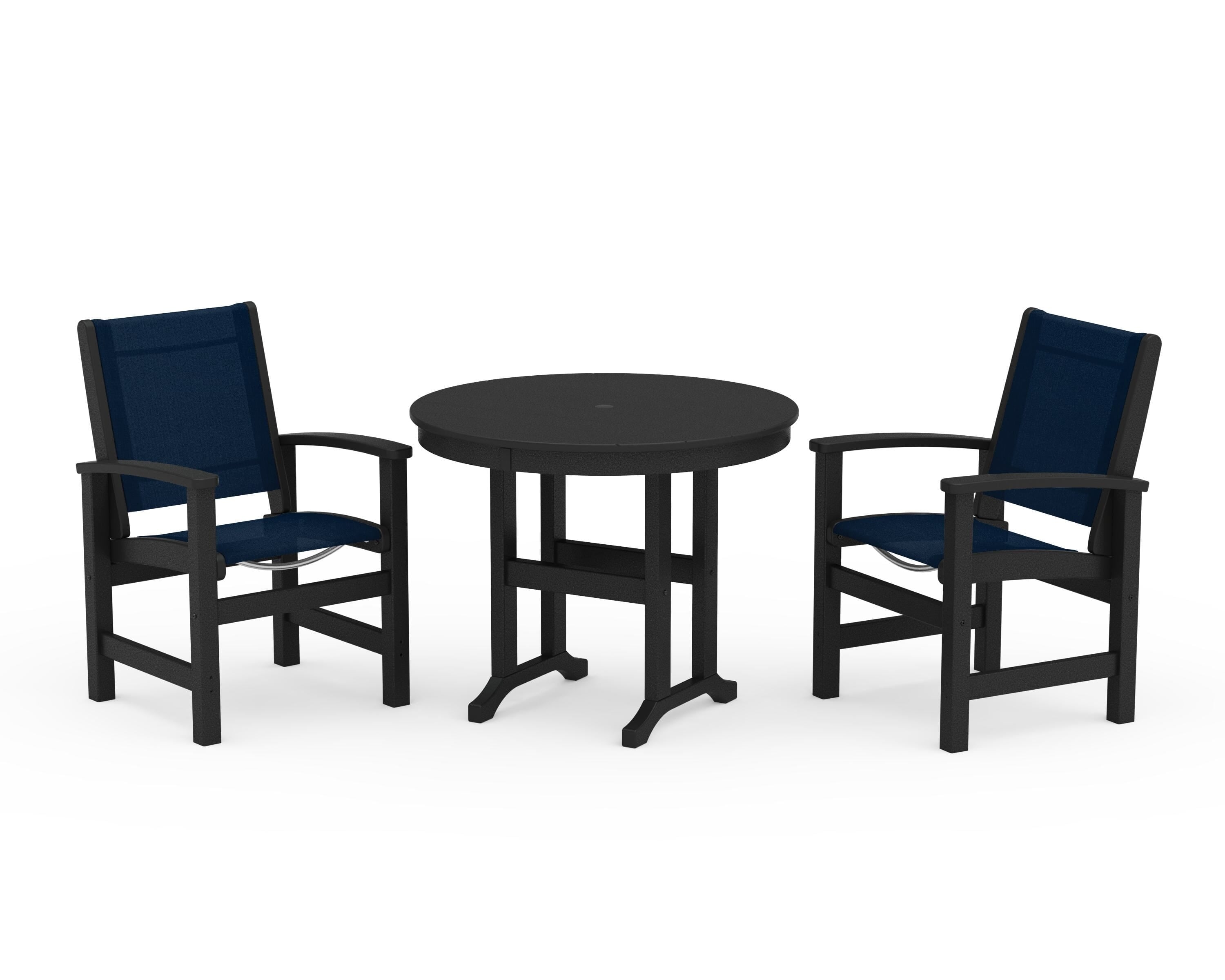 POLYWOOD Coastal 3-Piece Round Dining Set in Black / Navy Blue Sling
