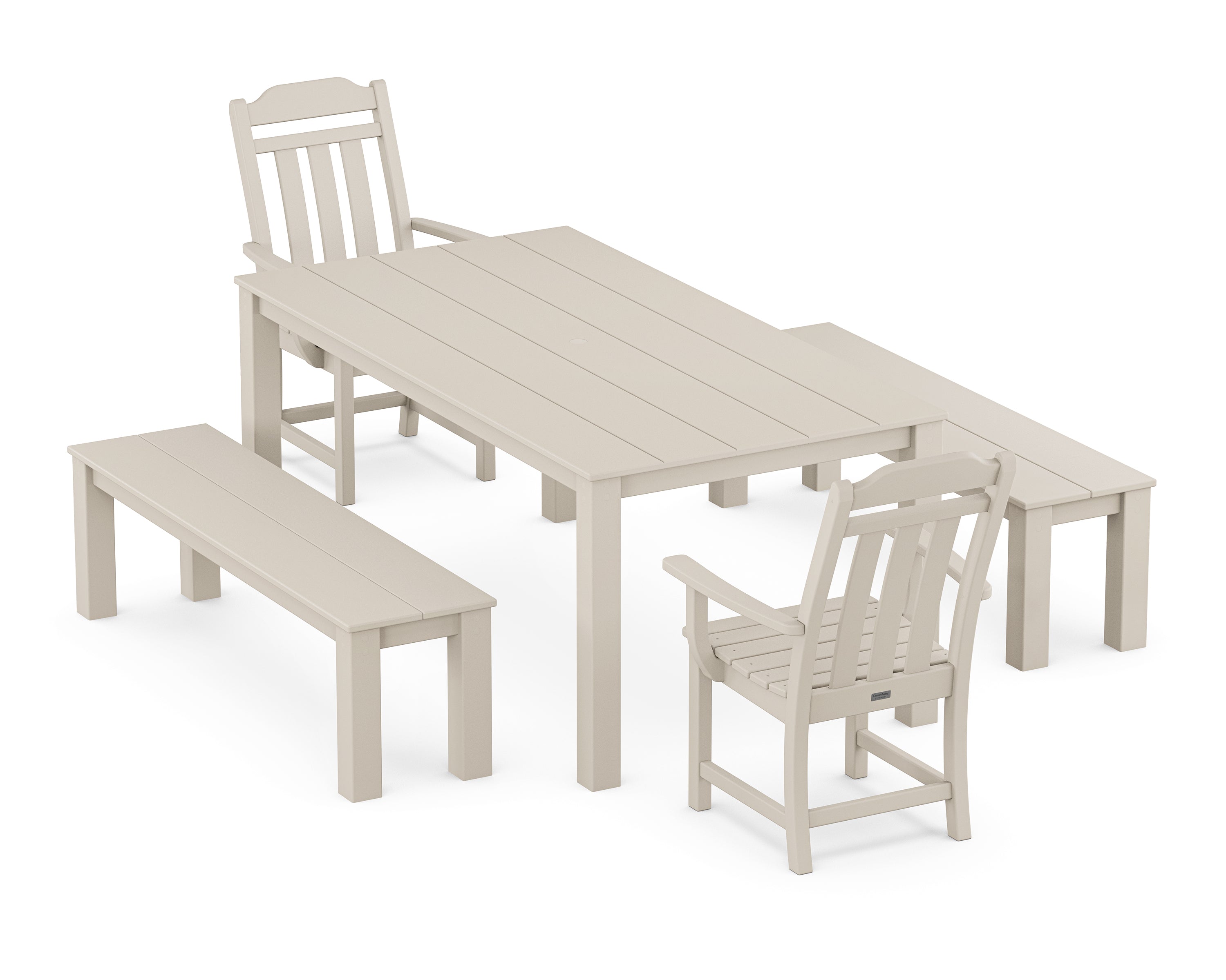 Polywood Country Living 5-Piece Parsons Dining Set with Benches in Sand