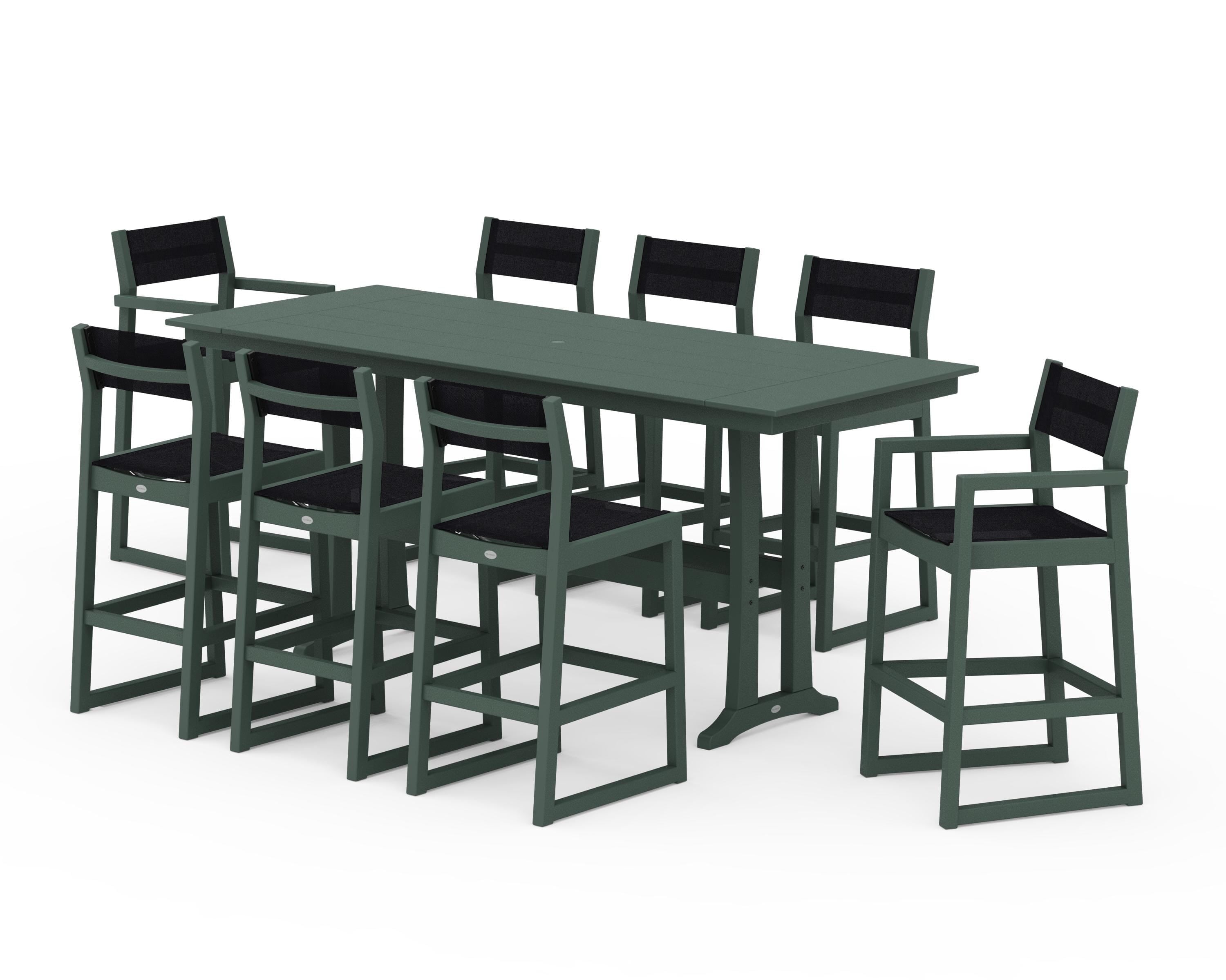POLYWOOD EDGE Sling 9-Piece Farmhouse Bar Set with Trestle Legs in Green / Black Sling