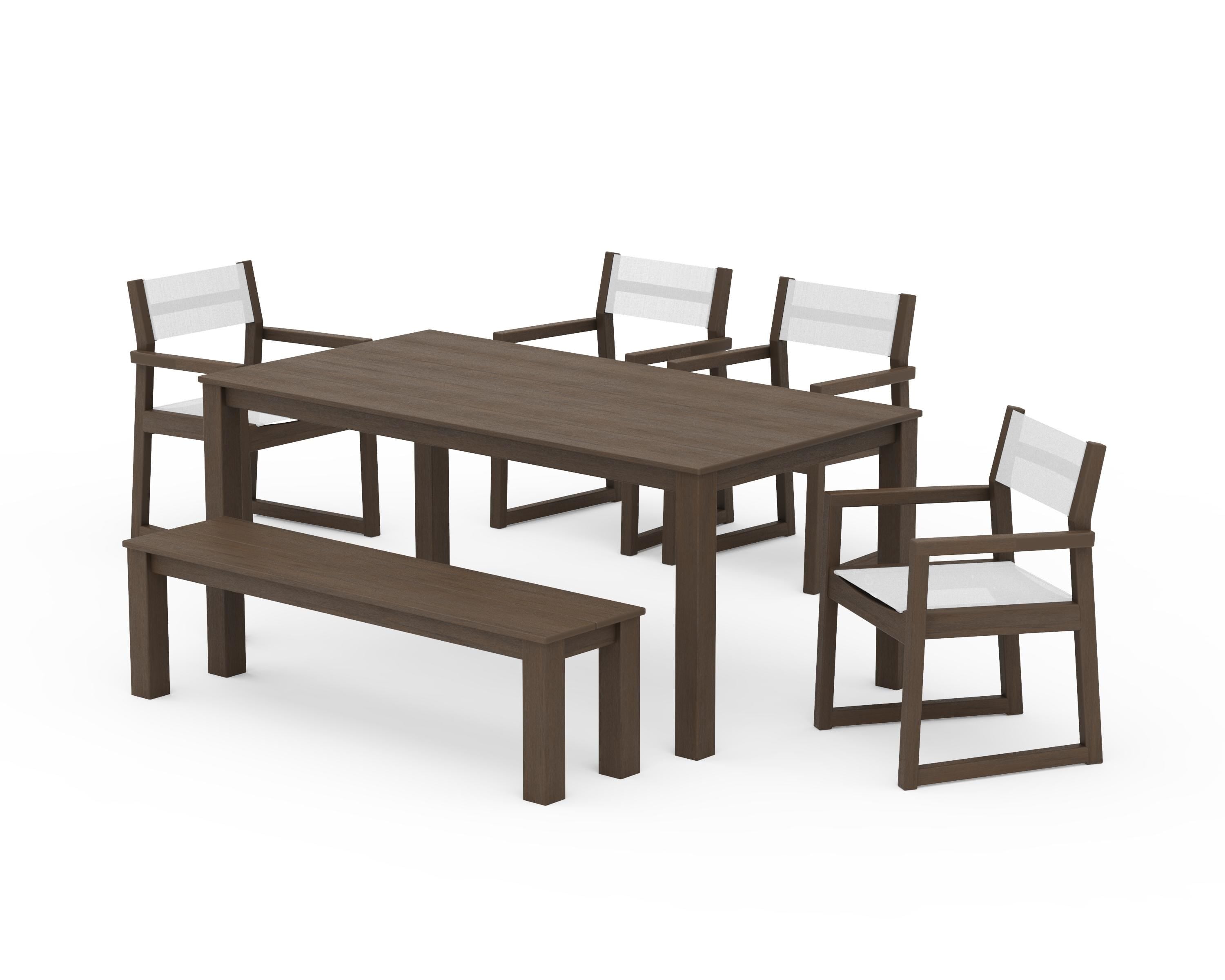 POLYWOOD EDGE Sling Arm Chair 6-Piece Parsons Dining Set with Bench in Kona / White Sling