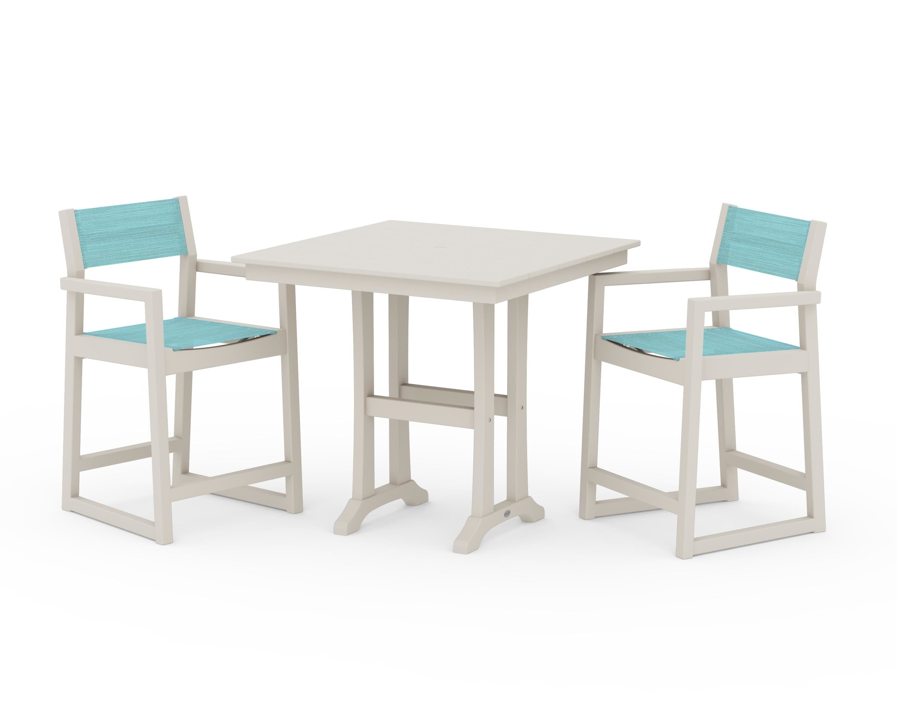 POLYWOOD EDGE Sling Arm Chair 3-Piece Farmhouse Counter Set with Trestle Legs in Sand / Dupioni Aquamarine Sling