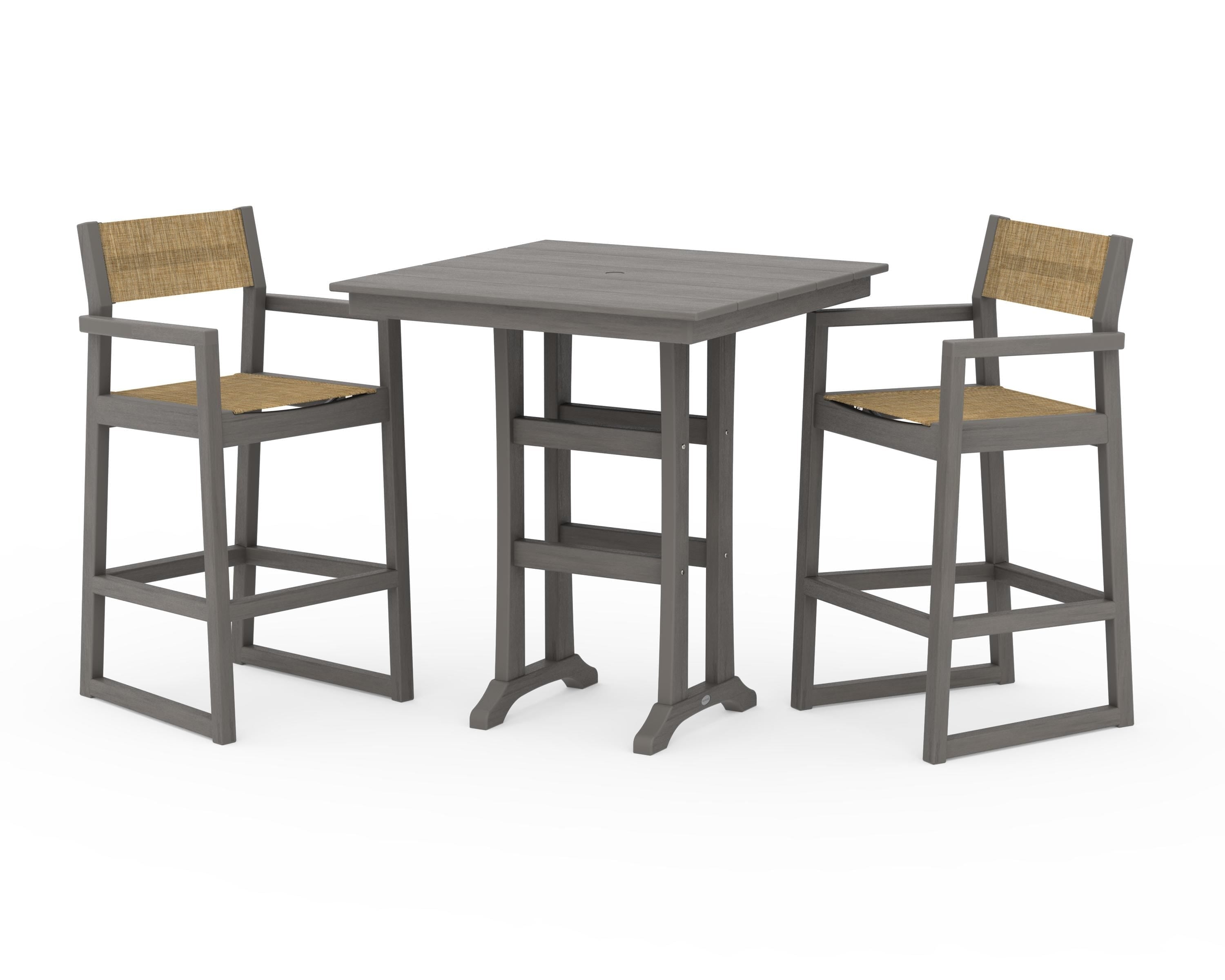 POLYWOOD EDGE Sling Arm Chair 3-Piece Farmhouse Bar Set with Trestle Legs in Driftwood / Burlap Sling