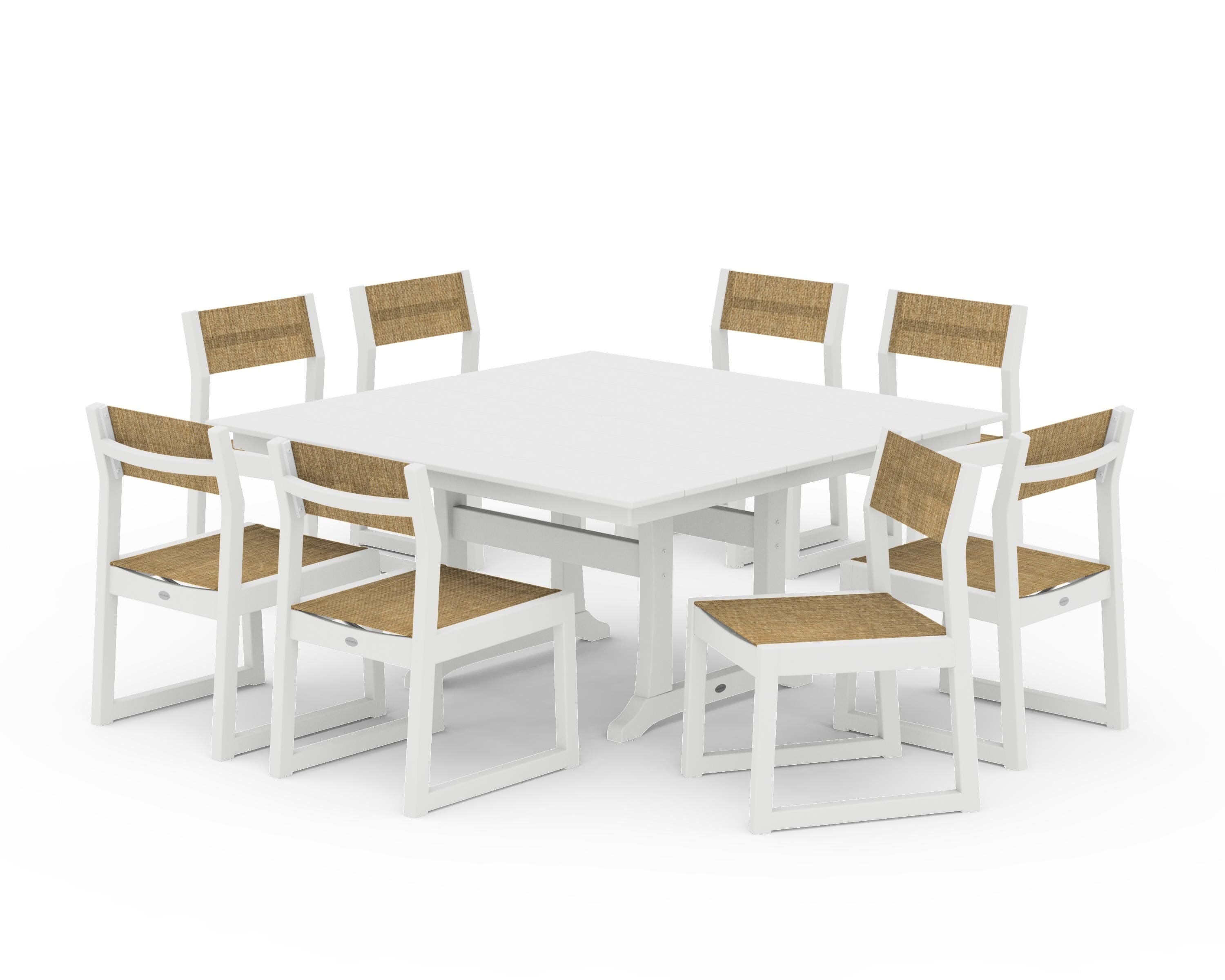 POLYWOOD EDGE Sling Side Chair 9-Piece Farmhouse Trestle Dining Set in White / Burlap Sling
