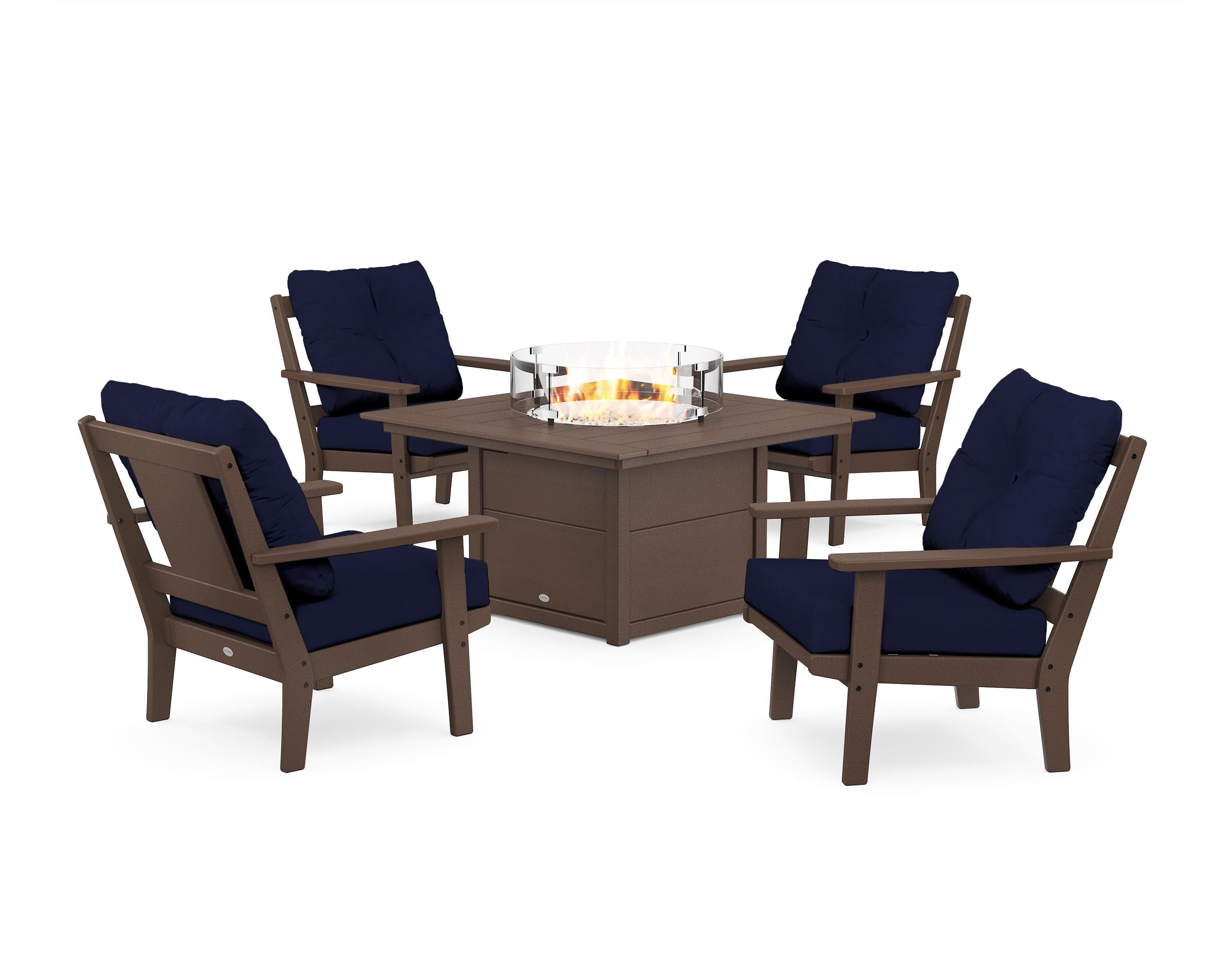 POLYWOOD Prairie 5-Piece Deep Seating Set with Fire Pit Table in Mahogany / Navy