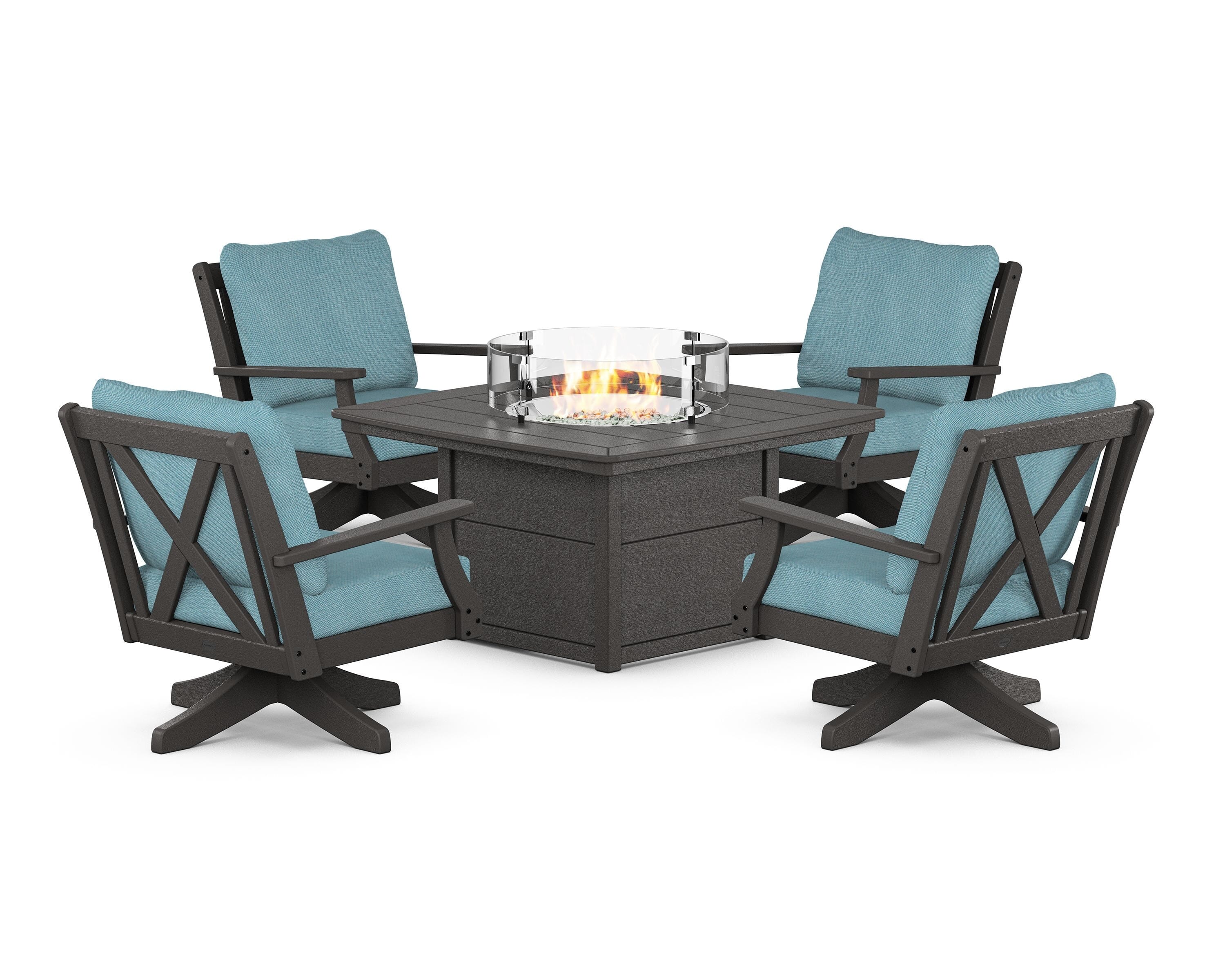 POLYWOOD Braxton 5-Piece Deep Seating Swivel Conversation Set with Fire Pit Table in Vintage Coffee / Lattice Sky Blue