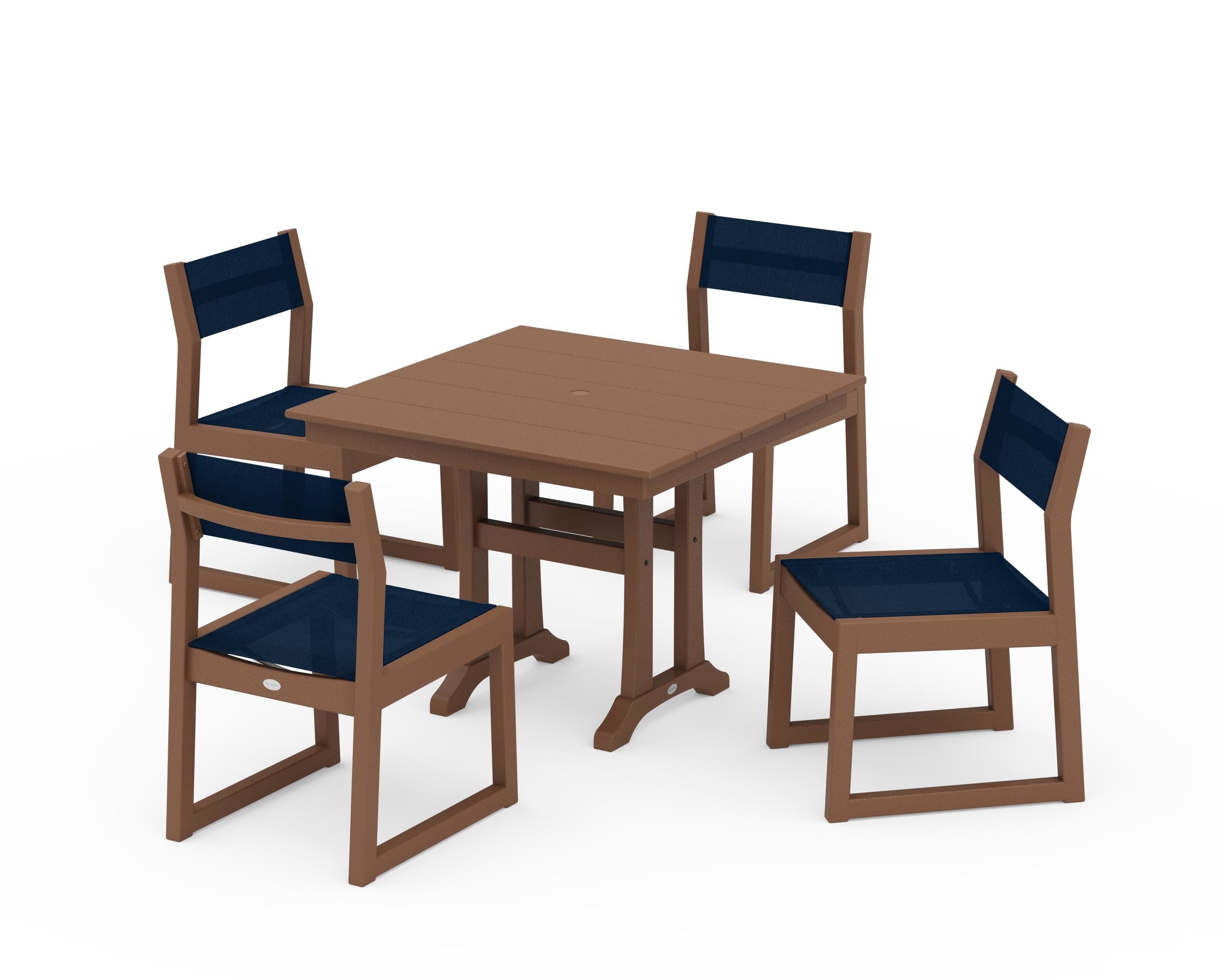 POLYWOOD EDGE Sling 5-Piece Farmhouse Trestle Side Chair Dining Set in Teak / Navy Blue Sling