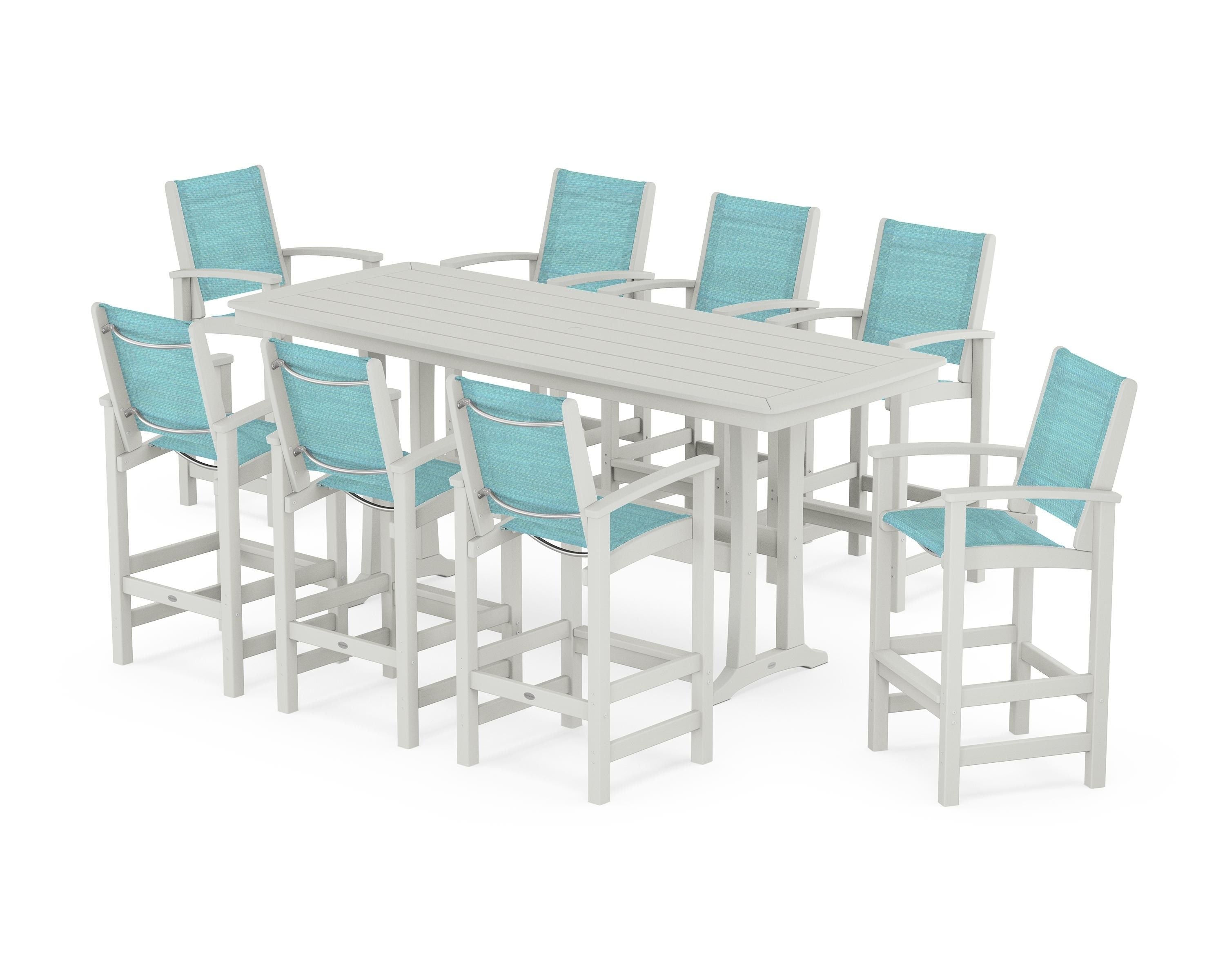 POLYWOOD Coastal 9-Piece Bar Set with Trestle Legs in Vintage White / Dupioni Aquamarine Sling