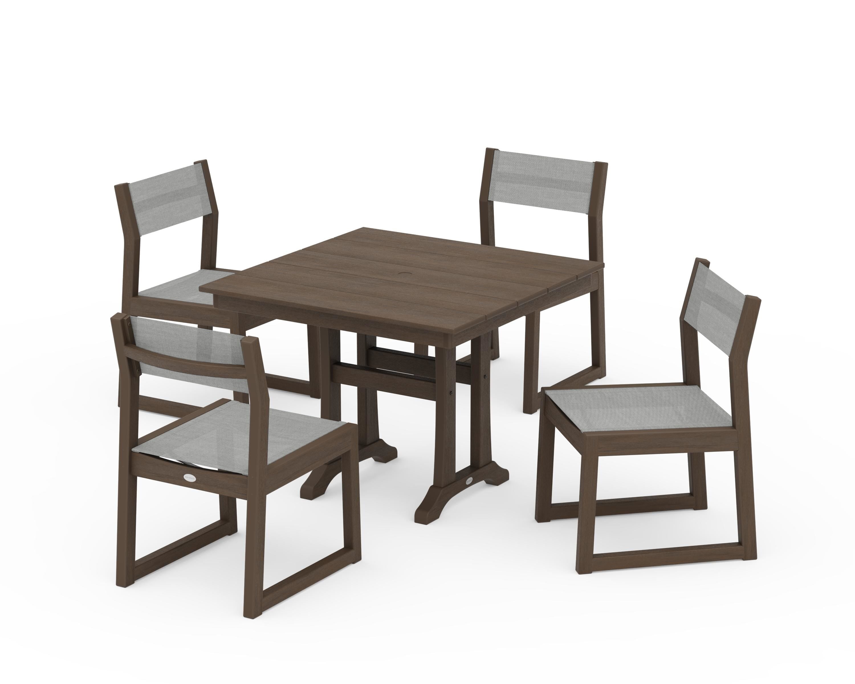 POLYWOOD EDGE Sling 5-Piece Farmhouse Trestle Side Chair Dining Set in Kona / Metallic Sling