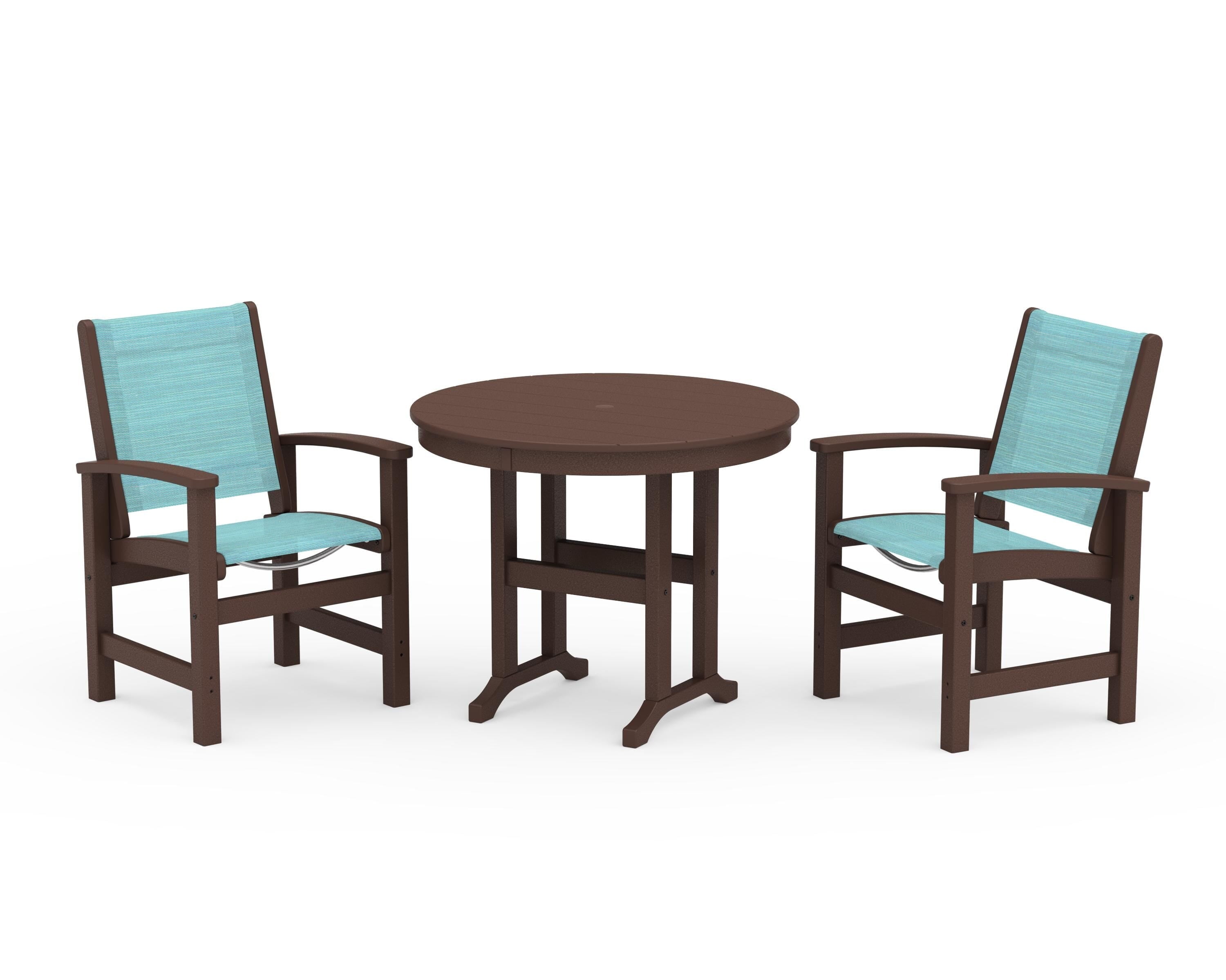 POLYWOOD Coastal 3-Piece Round Dining Set in Mahogany / Dupioni Aquamarine Sling