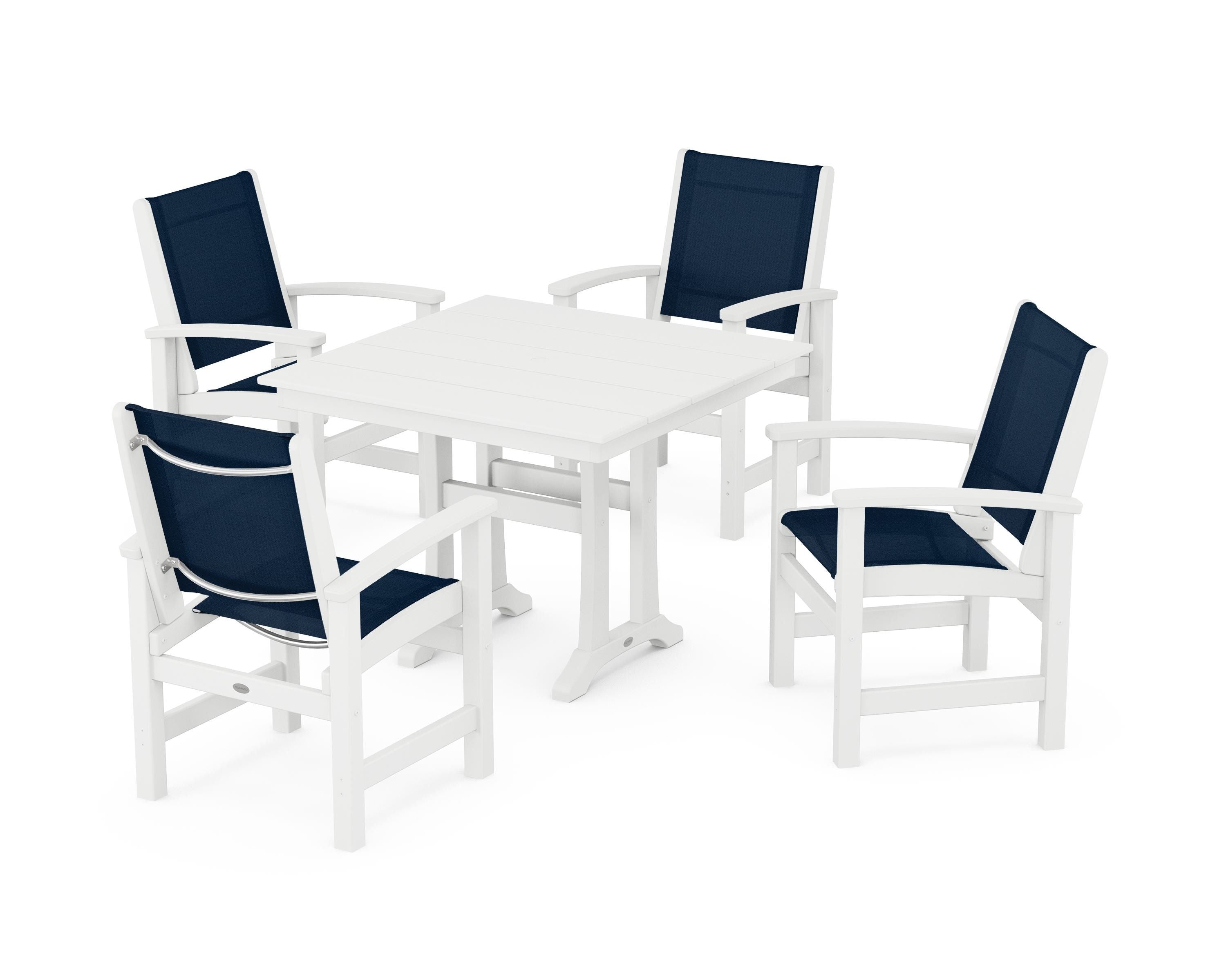 POLYWOOD Coastal 5-Piece Farmhouse Dining Set With Trestle Legs in White / Navy Blue Sling